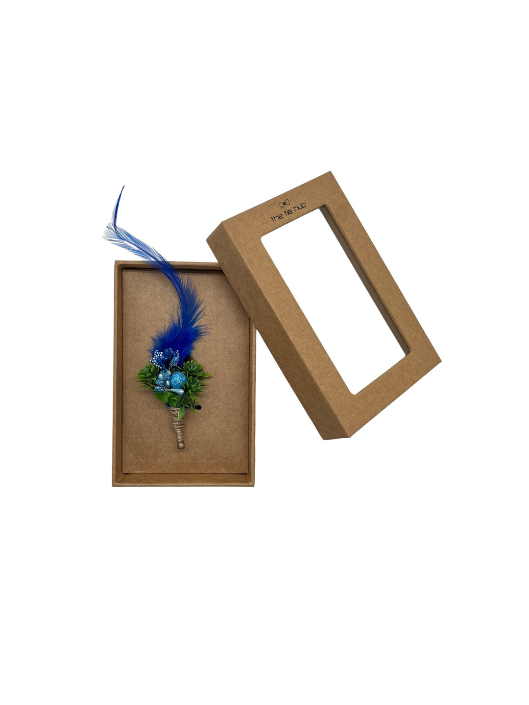 The Tie Hub Men Blue & Green Baby Breath Flower With Feather Boutonniere Brooch