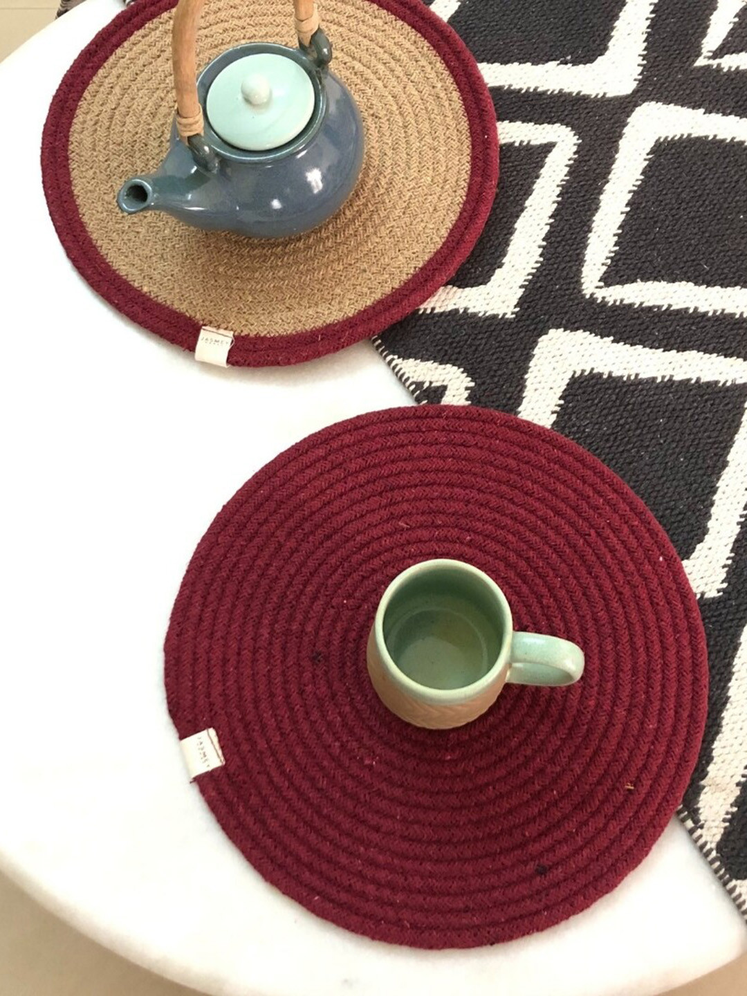 JASMEY HOMES Maroon & Beige Set Of 2 Textured Circular Cotton Table Placemats