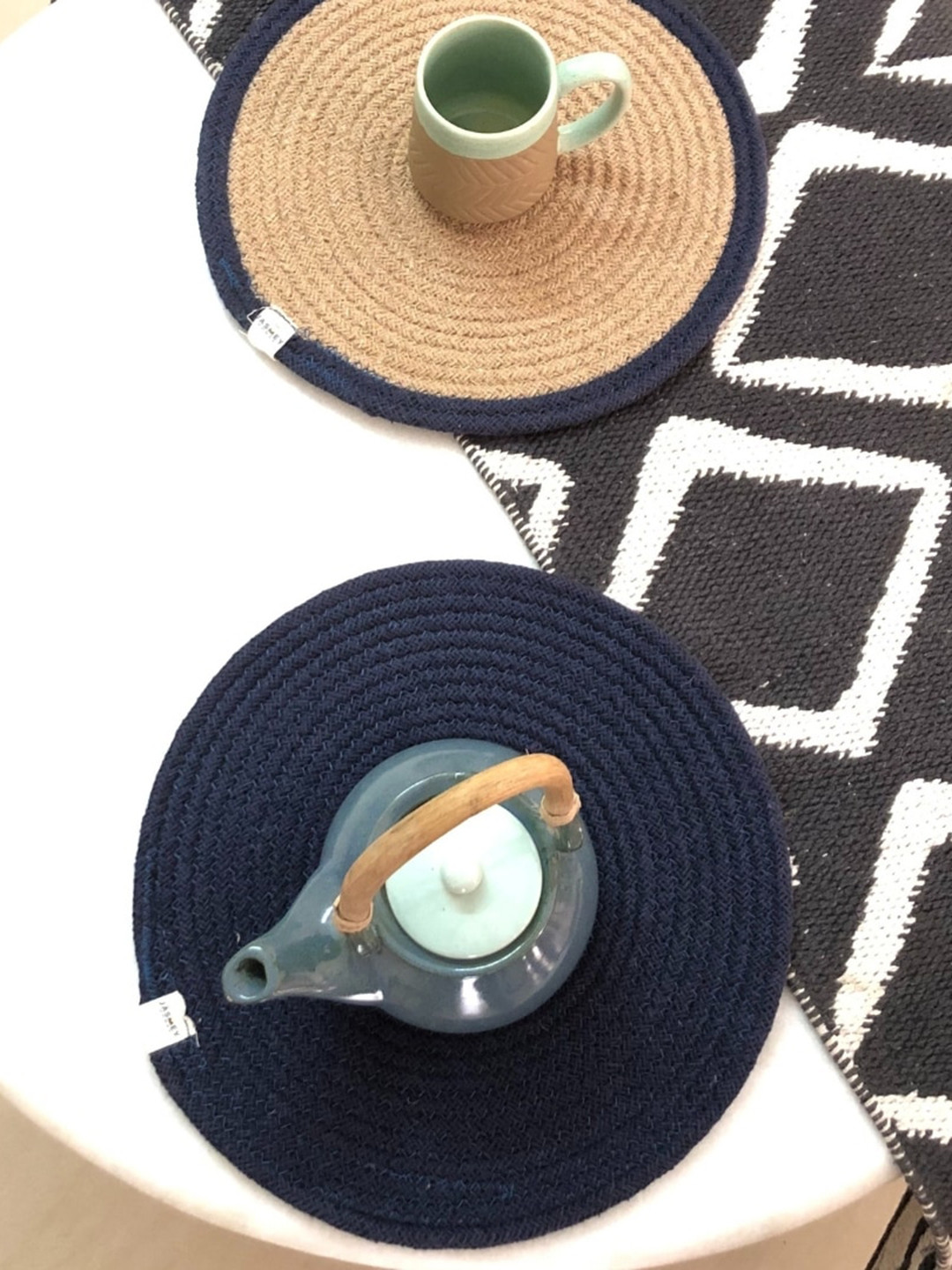 JASMEY HOMES Navy Blue & Beige Set of 2 Round Cotton Table Placemats