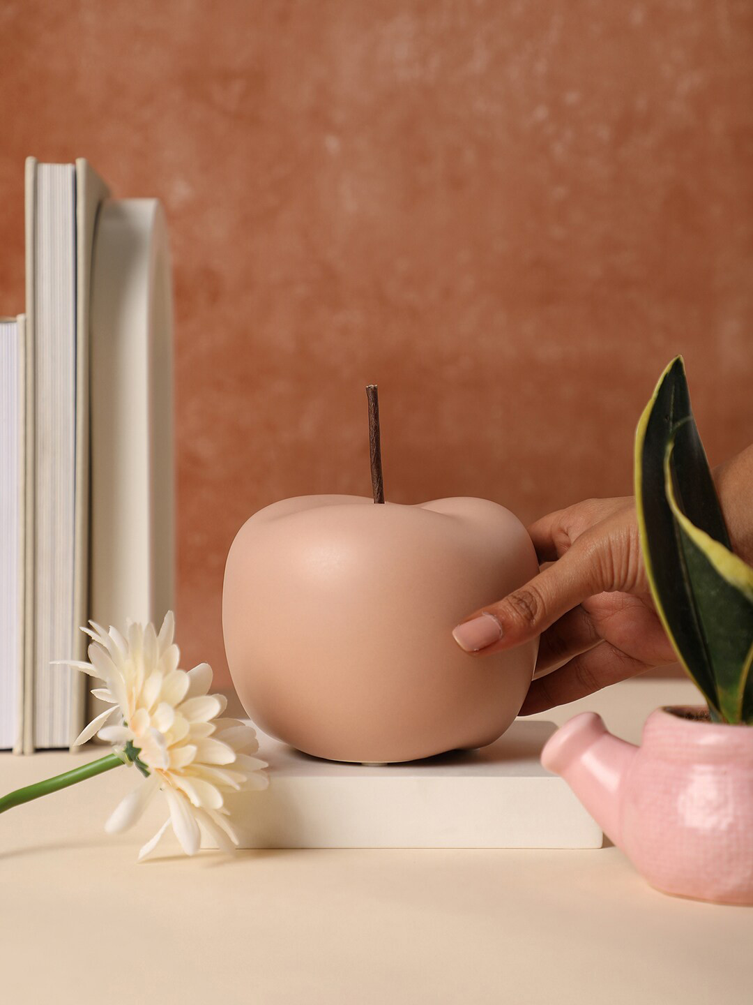 Bonhomie Apple Shaped Sculpture Pink Ceramic Glossy Living Room Small Showpiece - 3.9 Inches