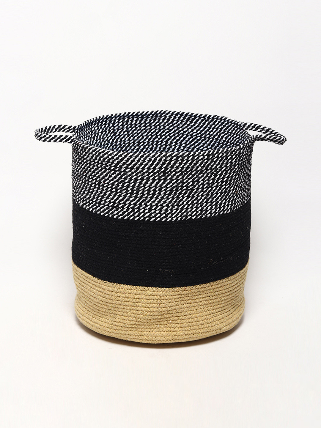 HABERE INDIA Beige & Black Textured Cotton Jute Storage Basket