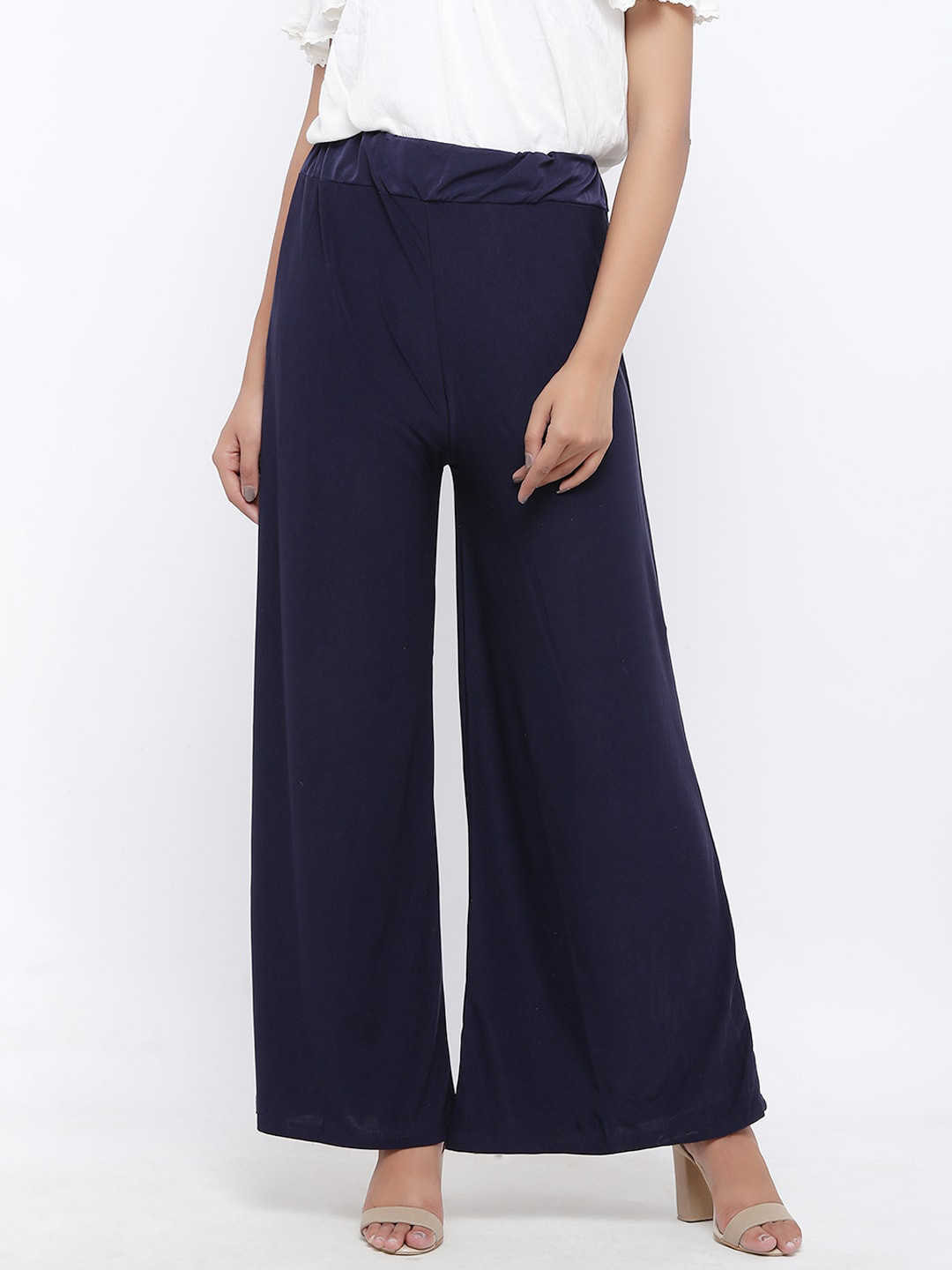 SOUNDARYA Women Navy Blue Solid Knitted Chiffon Palazzos