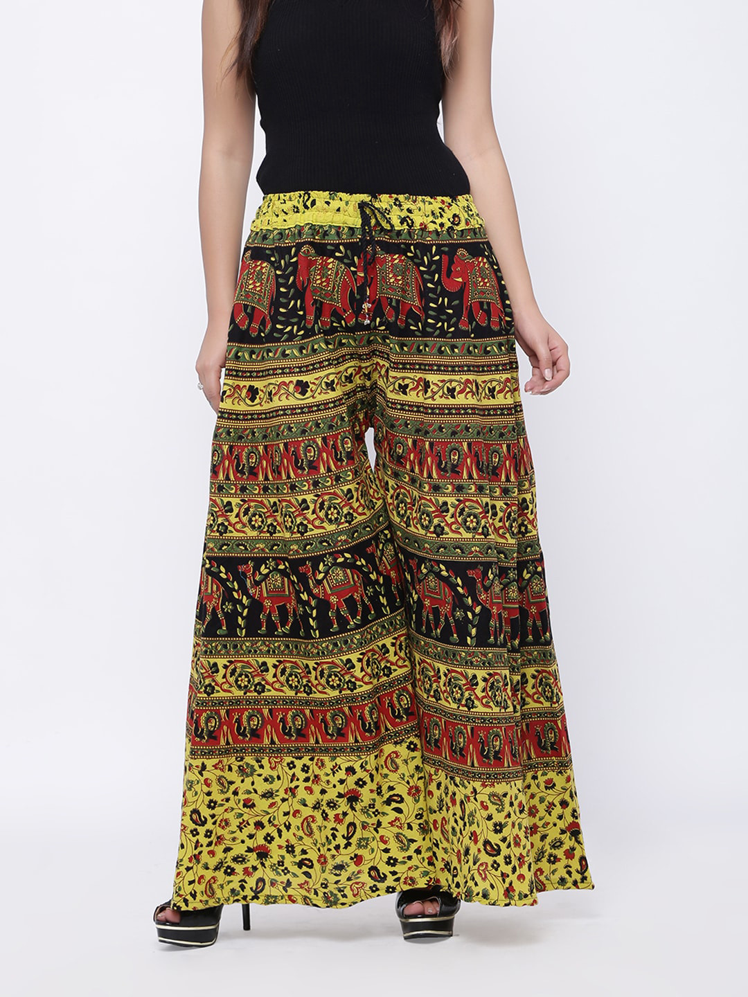 SOUNDARYA Women Olive Green & Yellow Ethnic Motifs Printed Knitted Palazzos