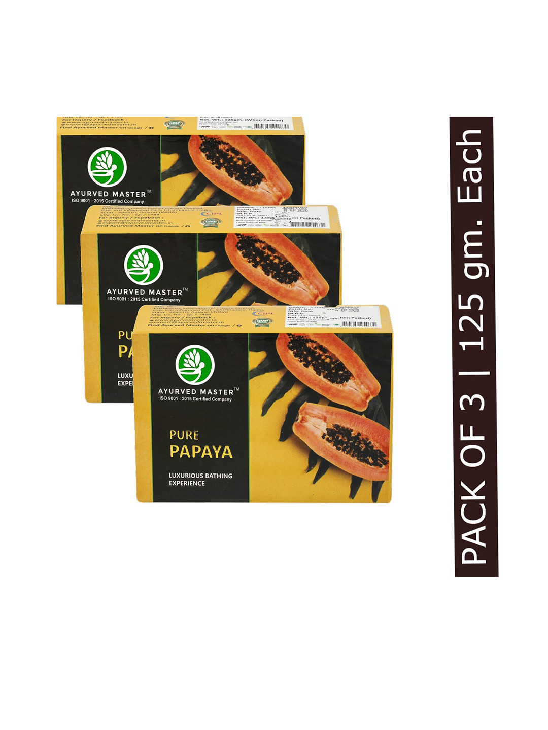 AYURVED MASTER Set Of 3 Pure Papaya Soap For Skin Lightening & Brightening - 125gm Each