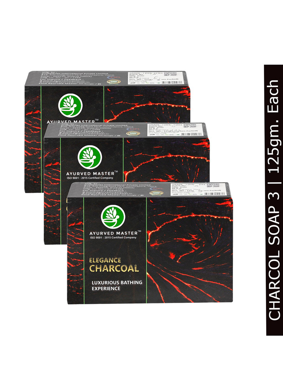 AYURVED MASTER Set Of 3 Elegance Activated Natural Charcoal Soap - 125g each