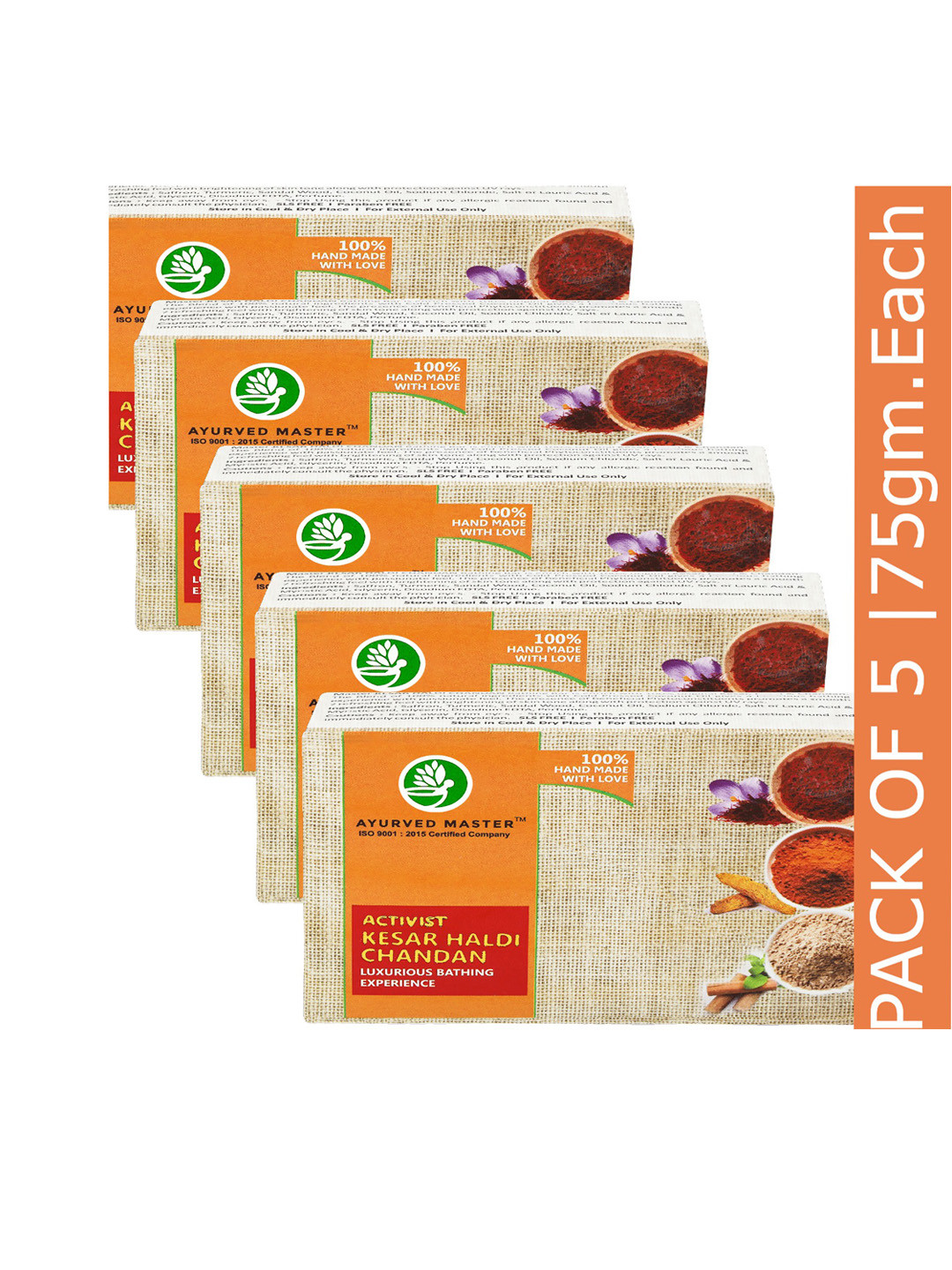 AYURVED MASTER Set of 5 Activist Kesar Haldi Chandan Luxurious Bathing Bars - 75 g Each