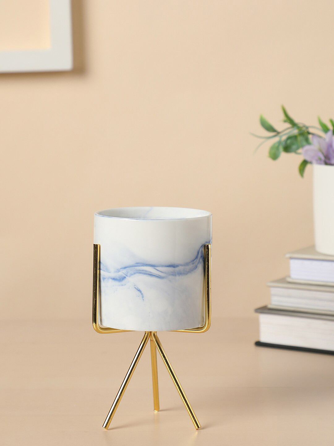 Bonhomie White & Blue Marble Ceramic Planters With Three-Legged Stand