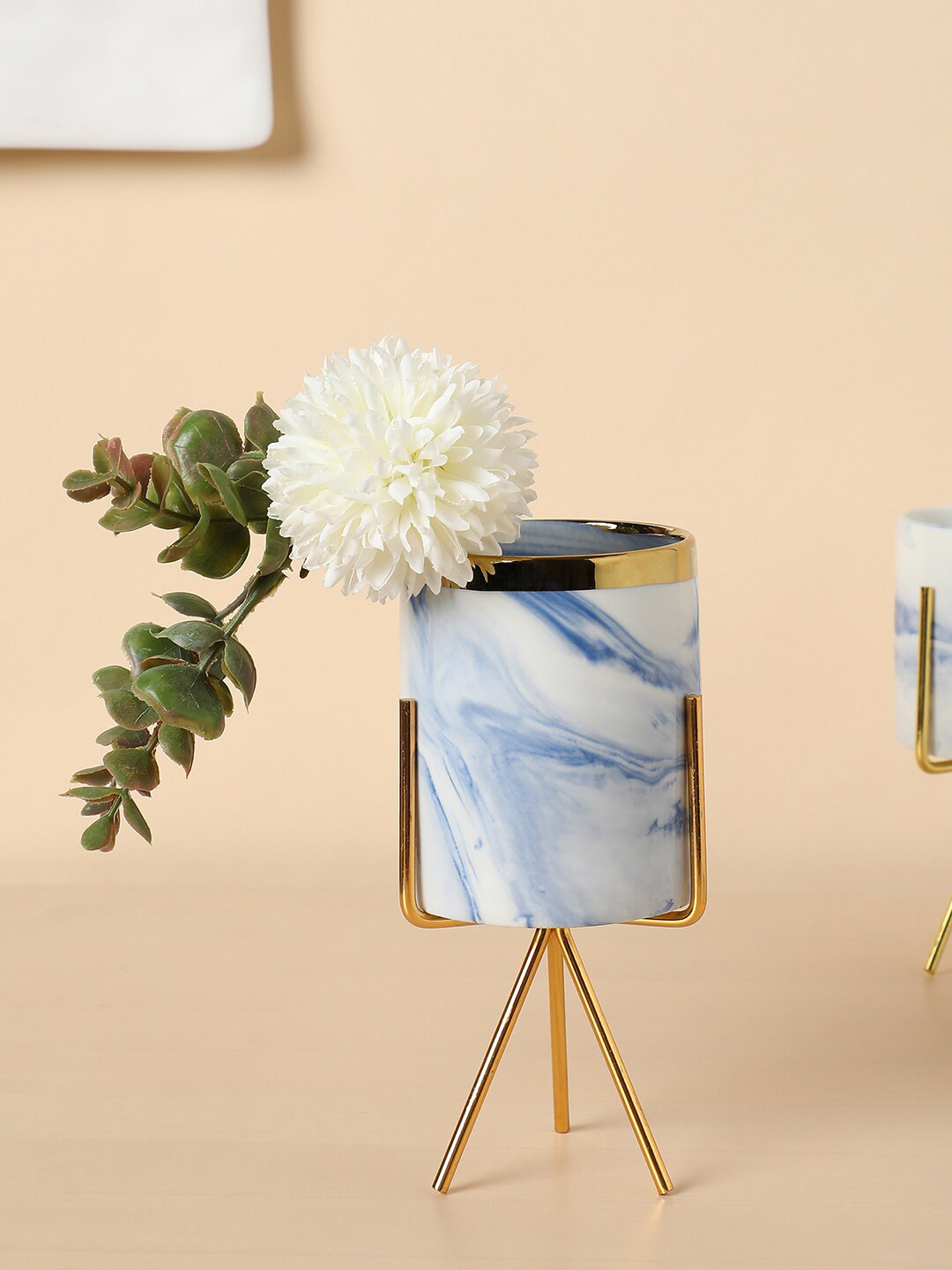 Bonhomie Blue & White Marble Ceramic Planter With Three-Legged Stand