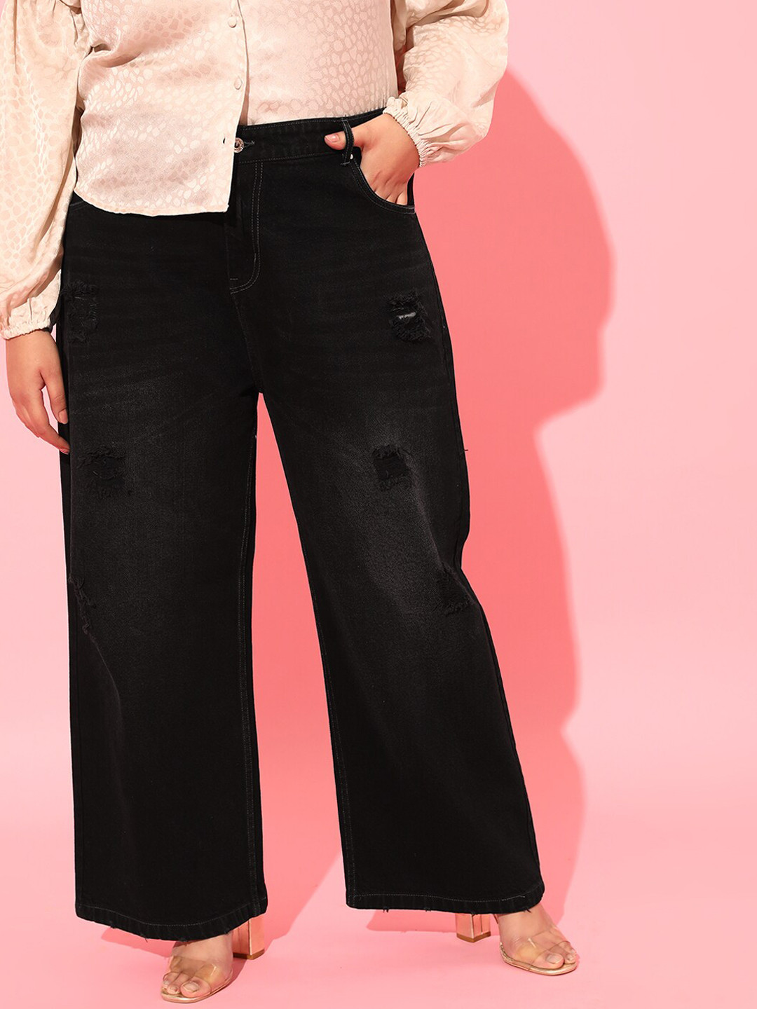 CURVY STREET Women Black Cotton Flared High-Rise Mildly Distressed Jeans