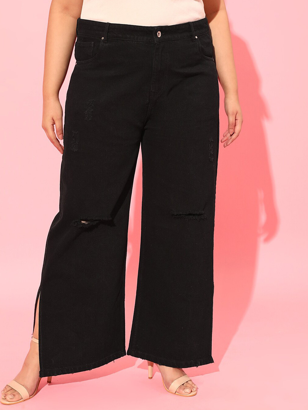 CURVY STREET Women Black Cotton Flared High-Rise Highly Distressed Jeans