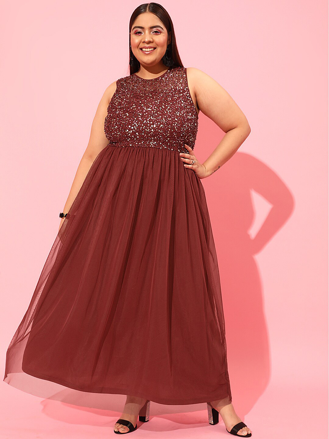 CURVY STREET Burgundy Plus Size Embellished Net Dress
