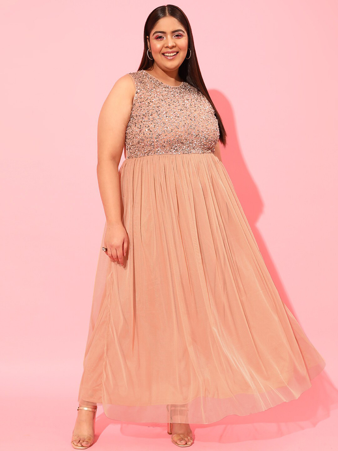 CURVY STREET Peach-Coloured Net A-Line Midi Dress