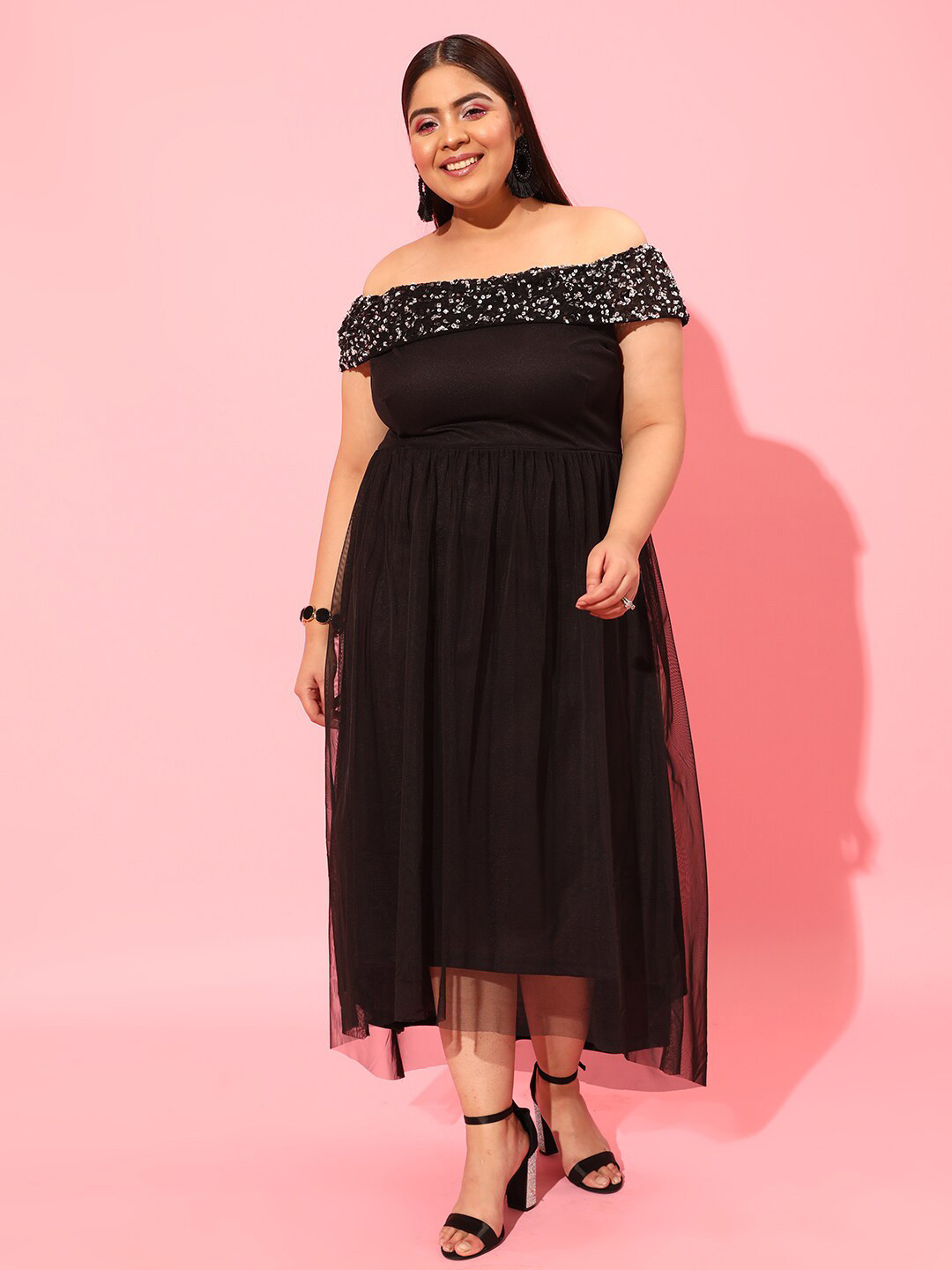 CURVY STREET Black Plus Size Off-Shoulder Net Maxi Dress