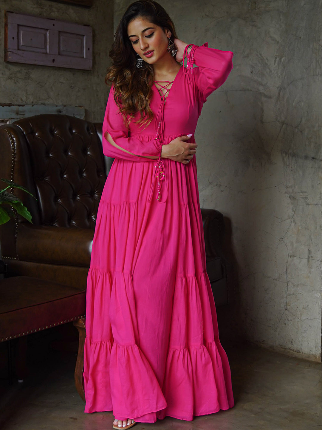 Bunaai Pink Pure Cotton Tiered Fit & Flare Maxi Dress