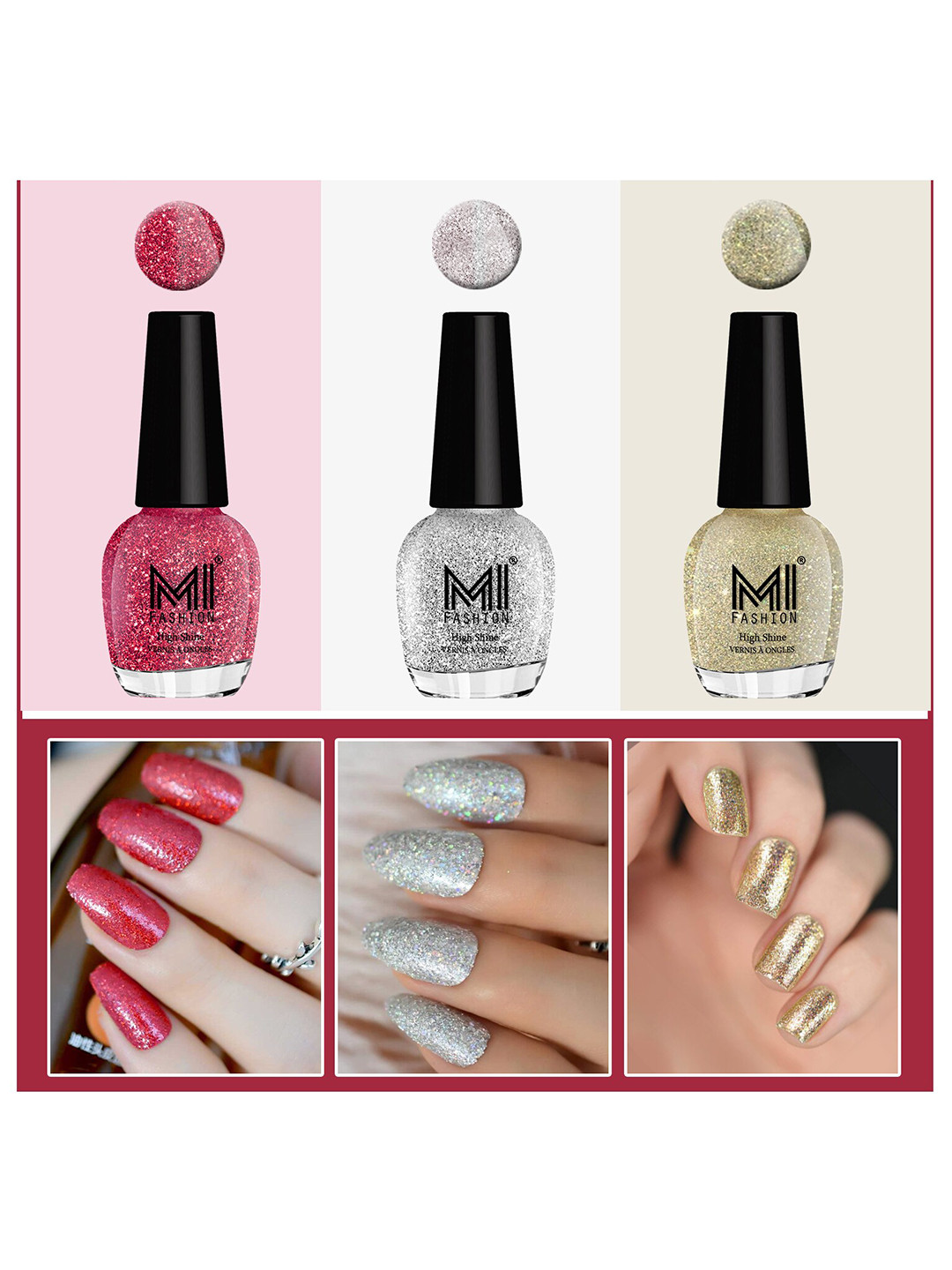 MI FASHION Vernis A Ongles Set Of 3 Bang On High Shine Long-Stay Nail Polish 15 ml Each-Pink,Silver,Silver Gold