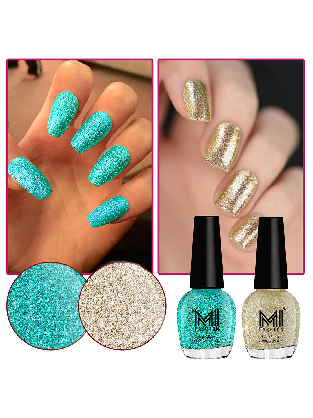 MI FASHION Set Of 2 Ultra Glass High Shine Glitter Long Stay Nail Polish - 15ml Each