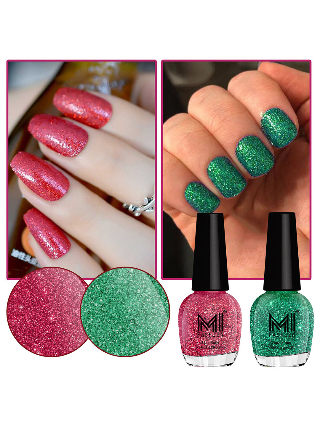 MI FASHION Set Of 2 Ultra Glass High Shine Glitter Long Stay Nail Polish - 15ml Each