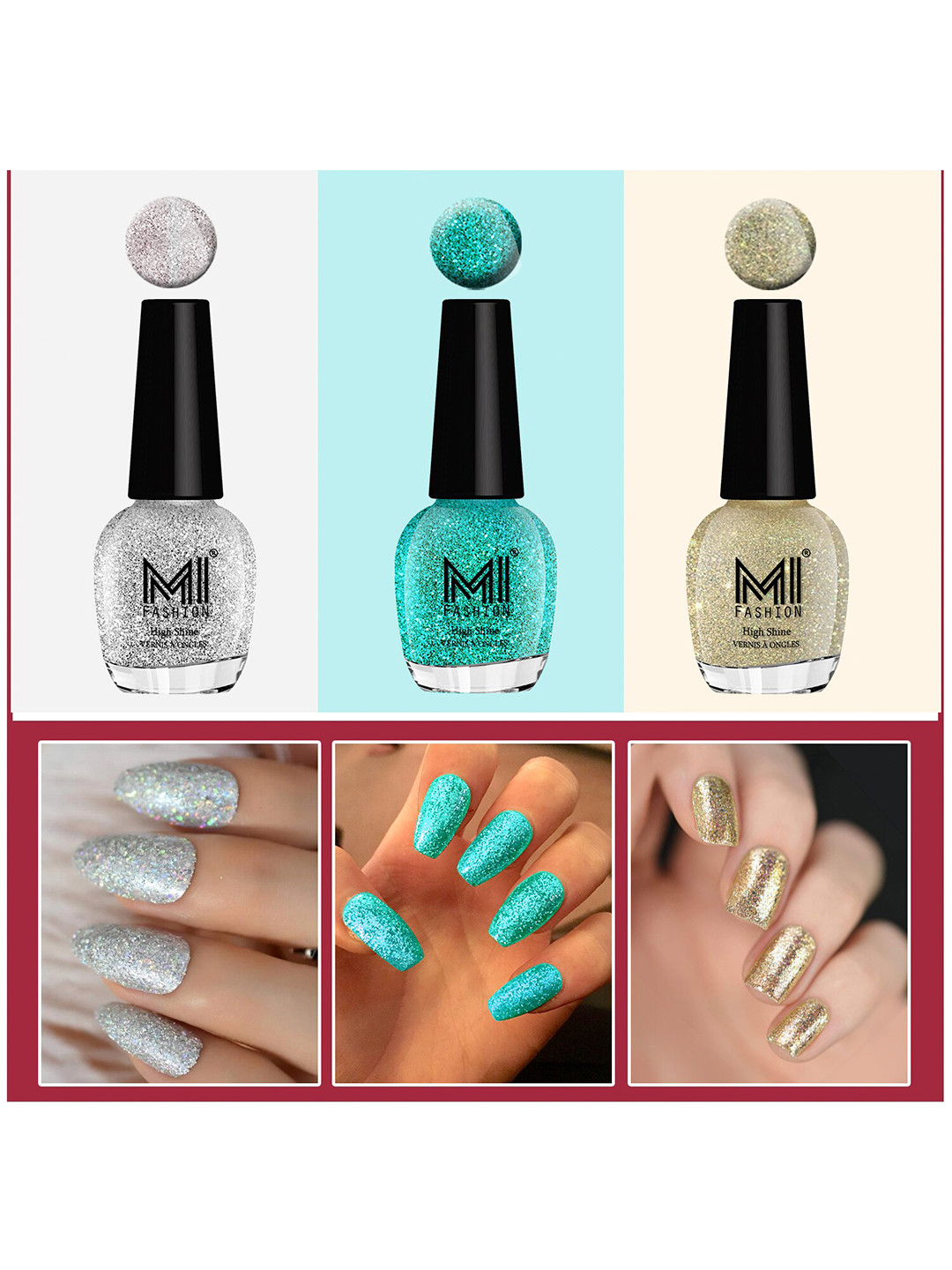 MI FASHION Set Of 3 Ultra Glass High Shine Glitter Long Stay Nail Polish - 15ml Each