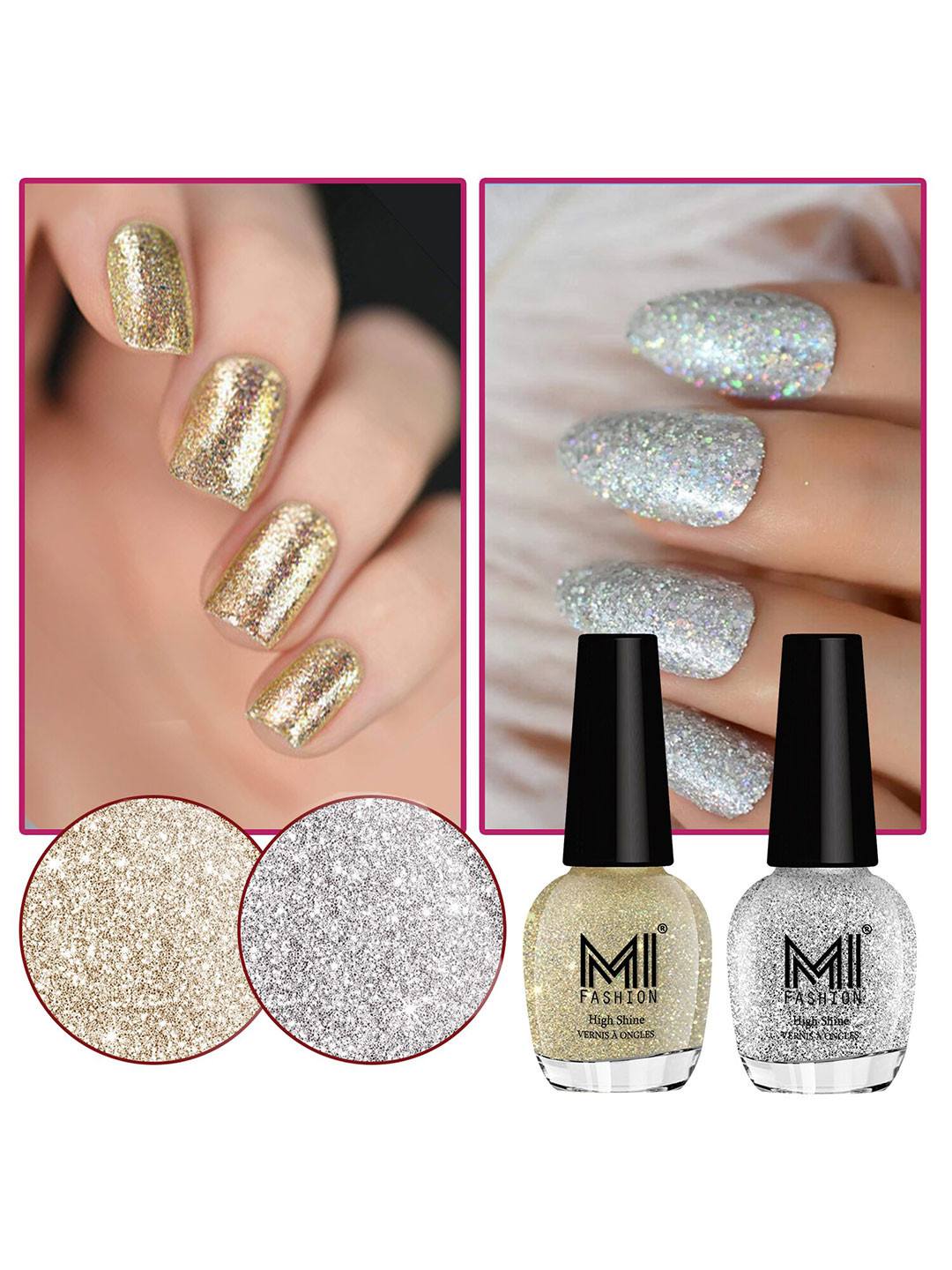 MI FASHION Set of 2 Vernis A Ongles High Shine Glitter Nail Polish - 15 ml each
