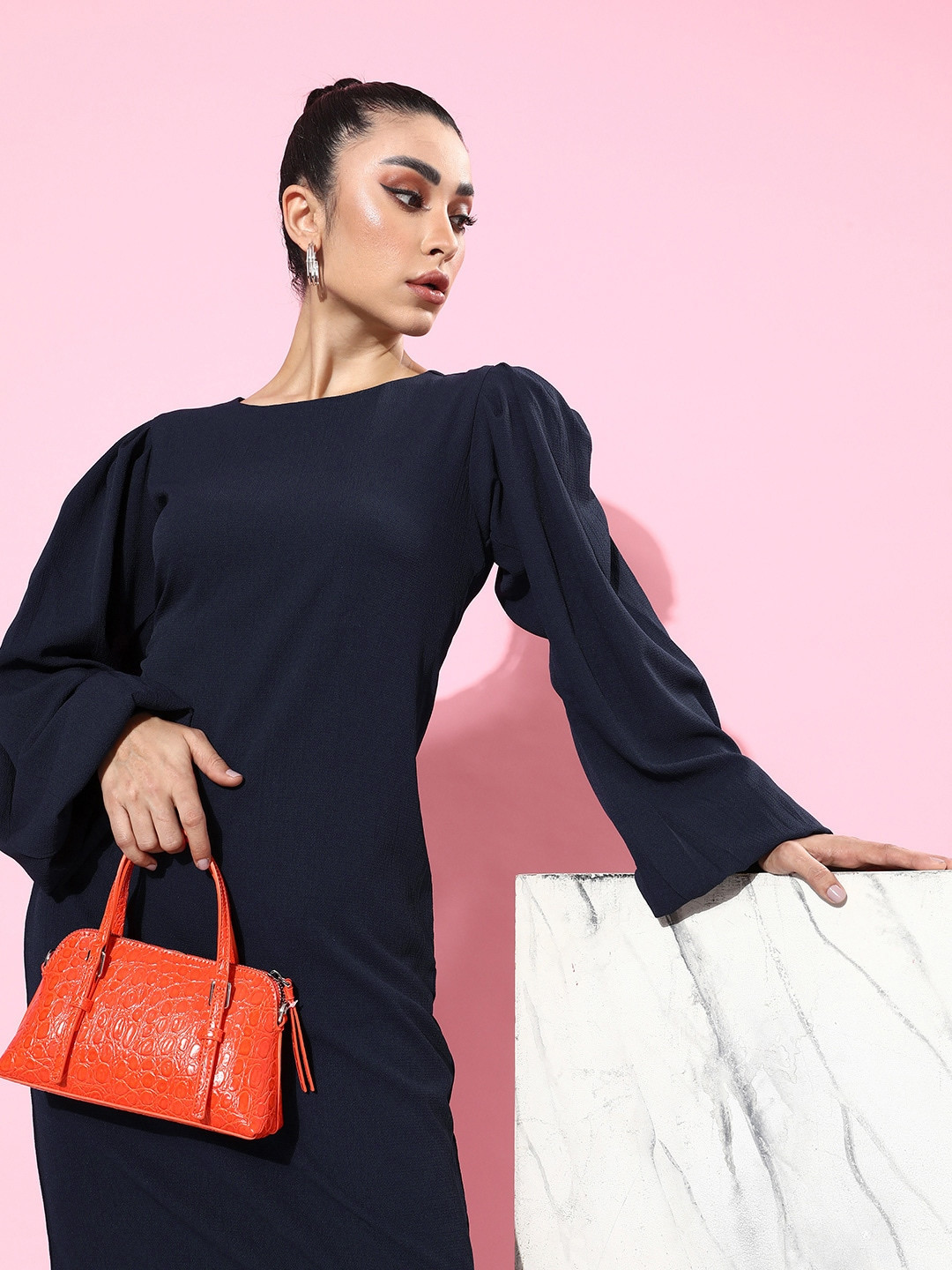 her by invictus Navy Blue Puff Sleeve Emo 2.0 Once Upon A Sleeve A-Line Midi Dress