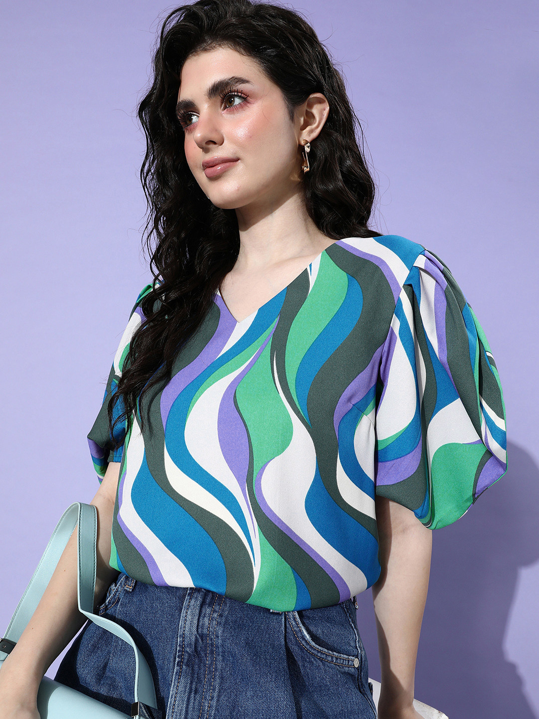 her by invictus Charming Blue & Green Print Once Upon A Sleeve Top