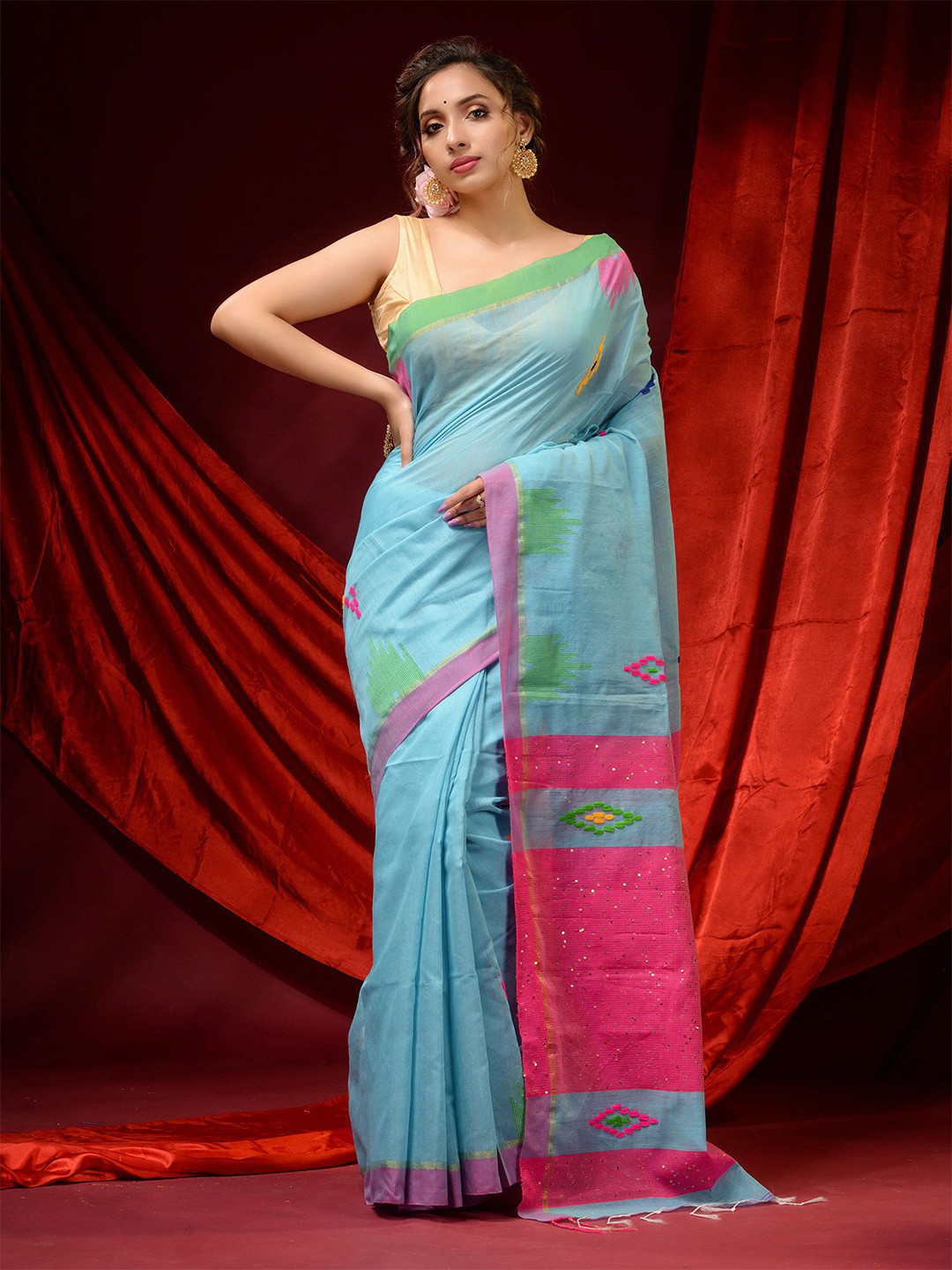 Charukriti Blue & Pink Silk Cotton Saree