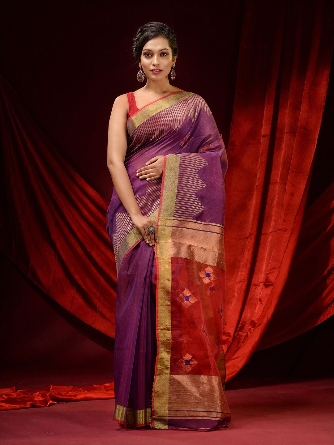 Charukriti Violet & Red Woven Design Zari Linen Blend Saree