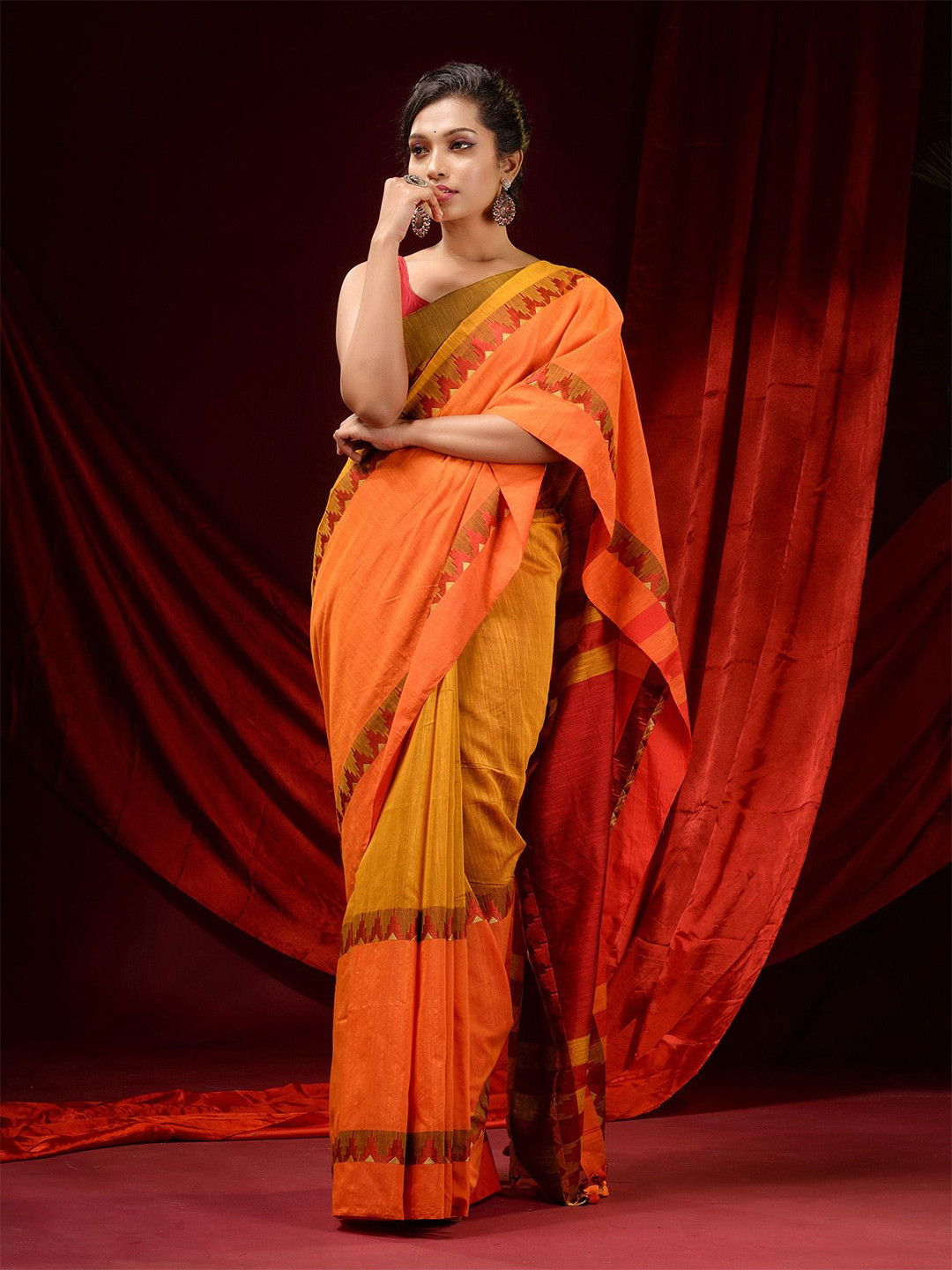 Charukriti Yellow & Brown Woven Design Pure Cotton Saree