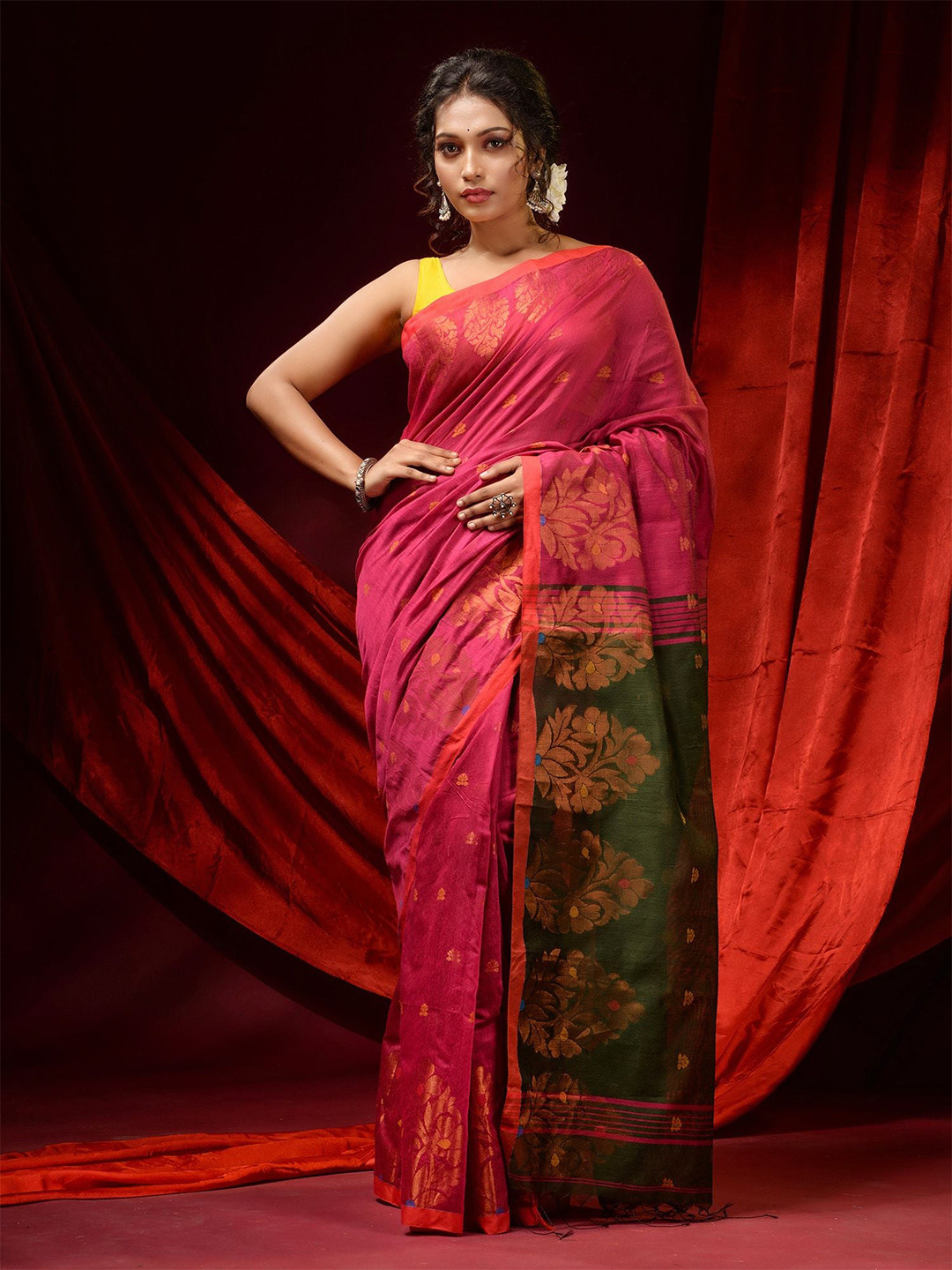 Charukriti Pink & Green Floral Woven Design Zari Saree