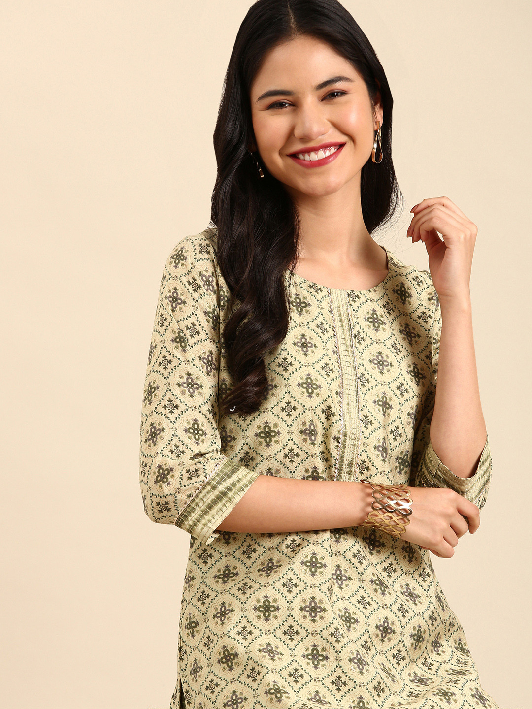 SHOWOFF Olive Green Ethnic Motifs Printed Chanderi Cotton Kurta with Trouser