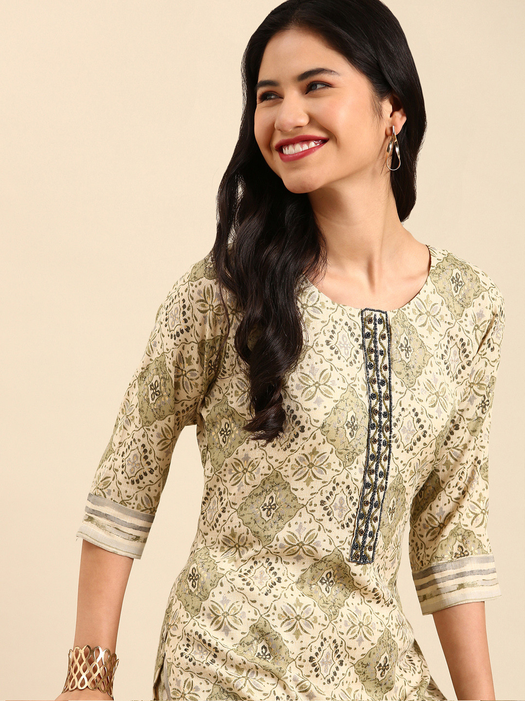 SHOWOFF Women Beige Printed Beads and Stones Kurta With Trousers
