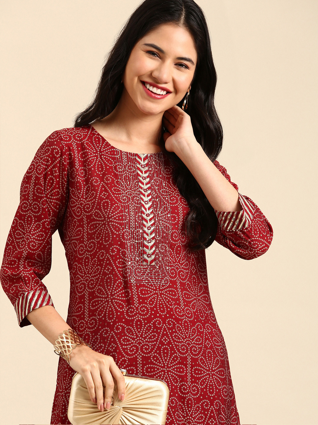 SHOWOFF Women Maroon Bandhani Printed Gotta Patti Chanderi Cotton Kurta with Trousers