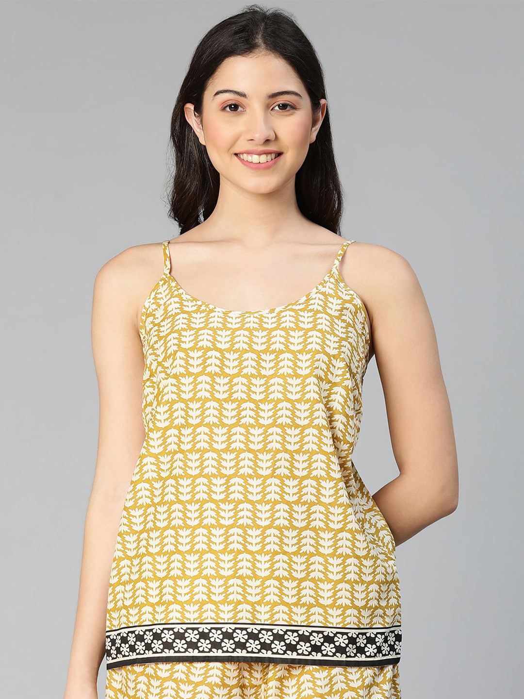 Oxolloxo Women Mustard Yellow Floral Printed Cami Top