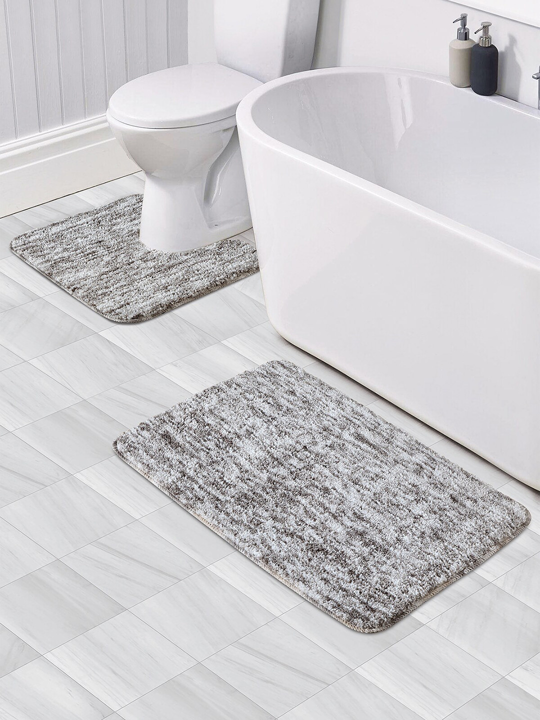 OBSESSIONS Set Of 2 Grey 1300 GSM Anti-Skid Bath Rug & Contour Mat