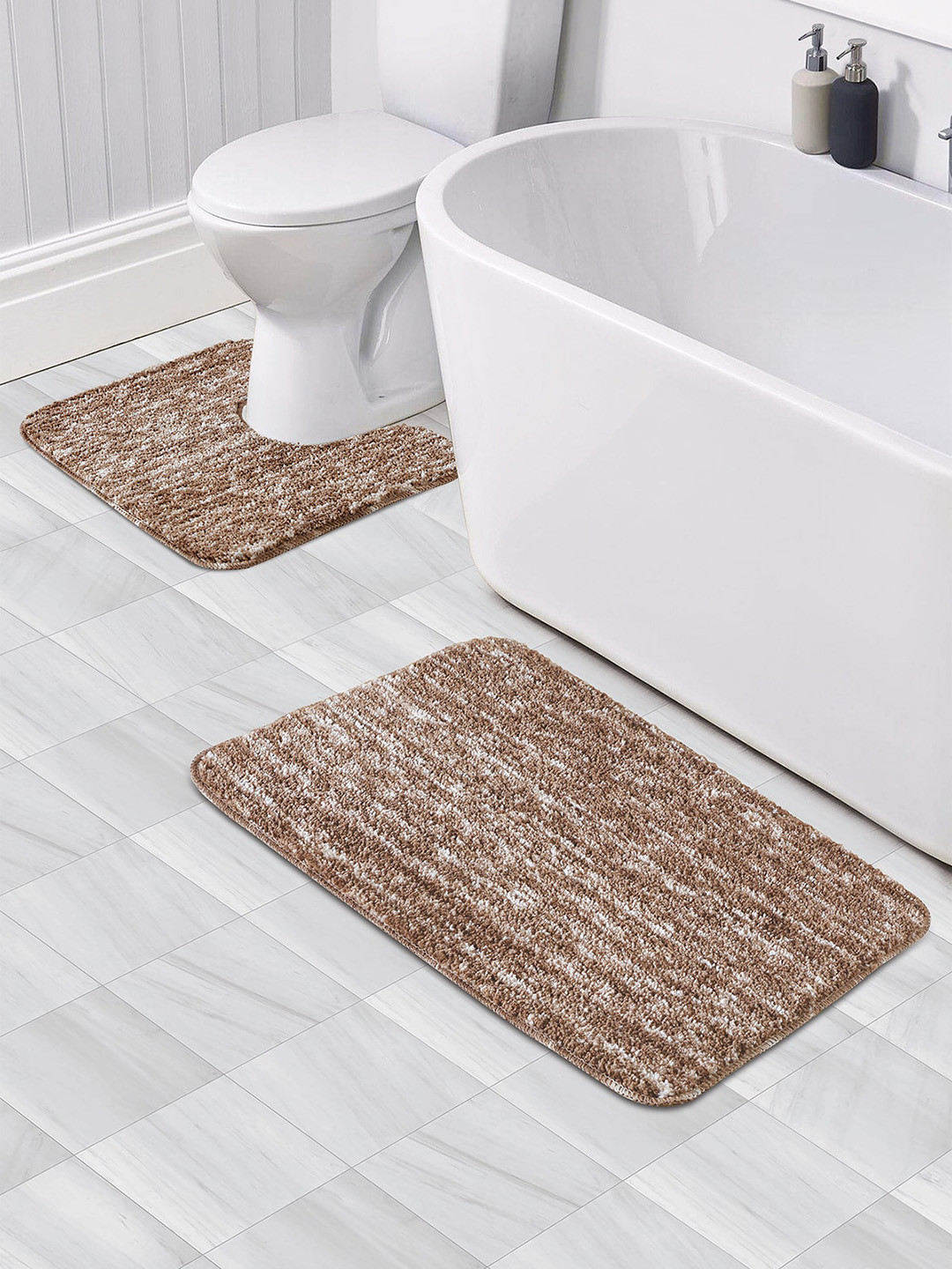 OBSESSIONS Pack Of 2 Chocolate-Brown 1300 GSM Anti-Skid Bath Rug with Contour