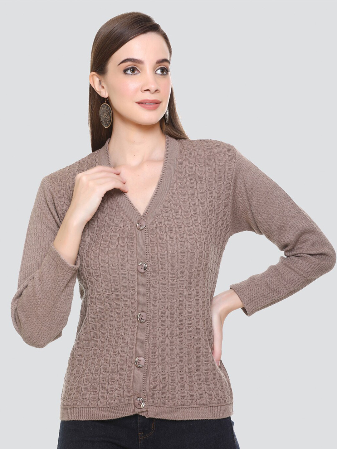 NITSLINE Women Grey Cable Knit Acrylic Cardigan