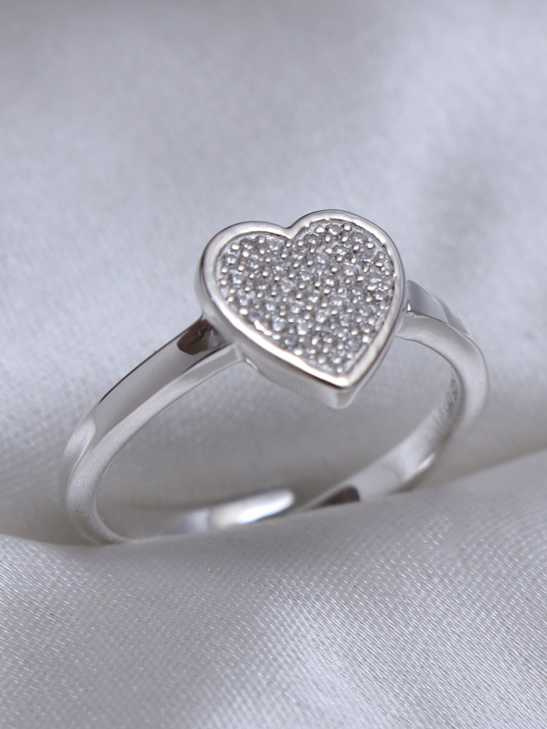 HIFLYER JEWELS  Sterling Silver White CZ Stone-Studded Adjustable Heart Finger Ring