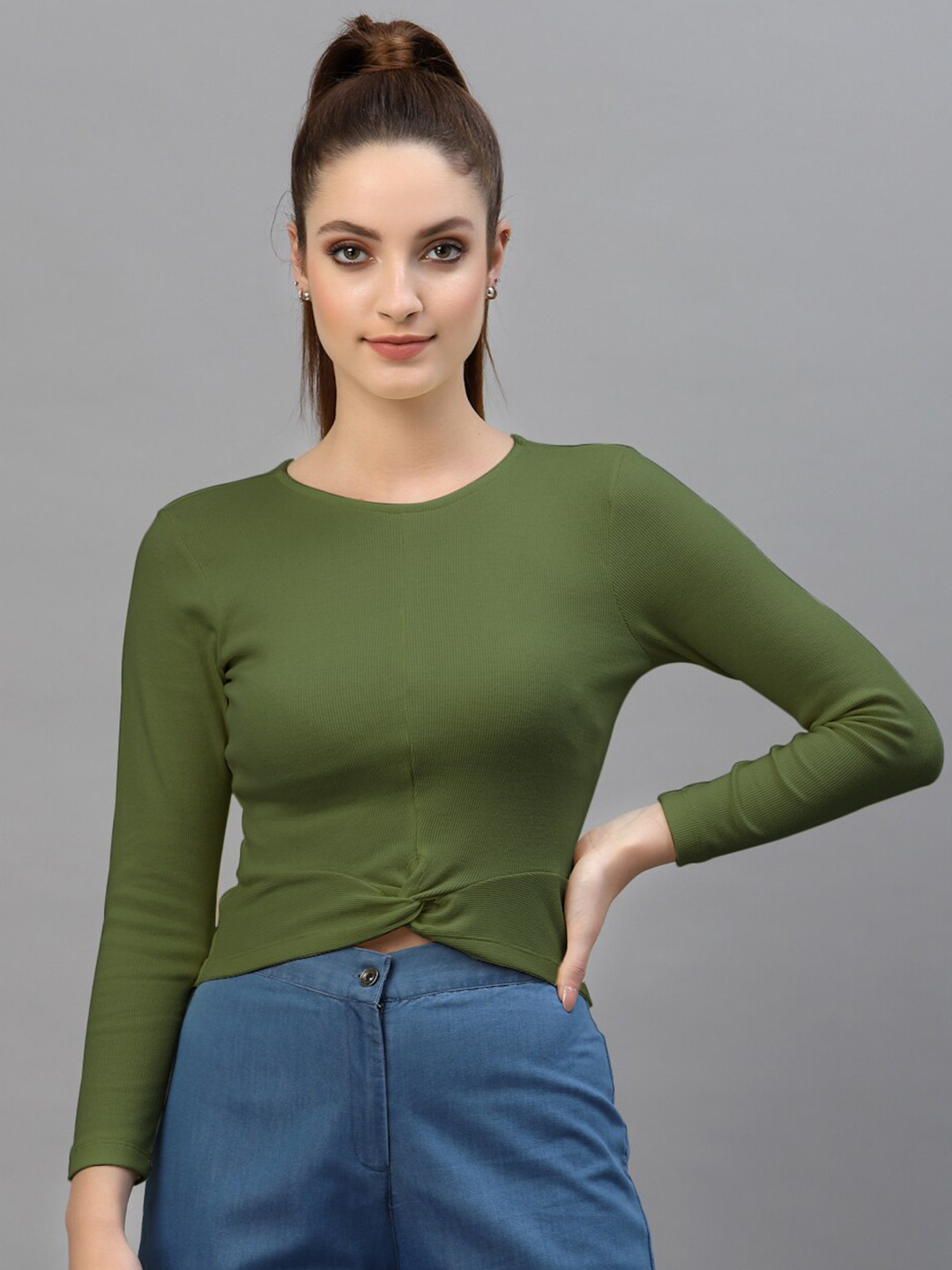 Friskers Olive Green Fitted Rib Crop Top