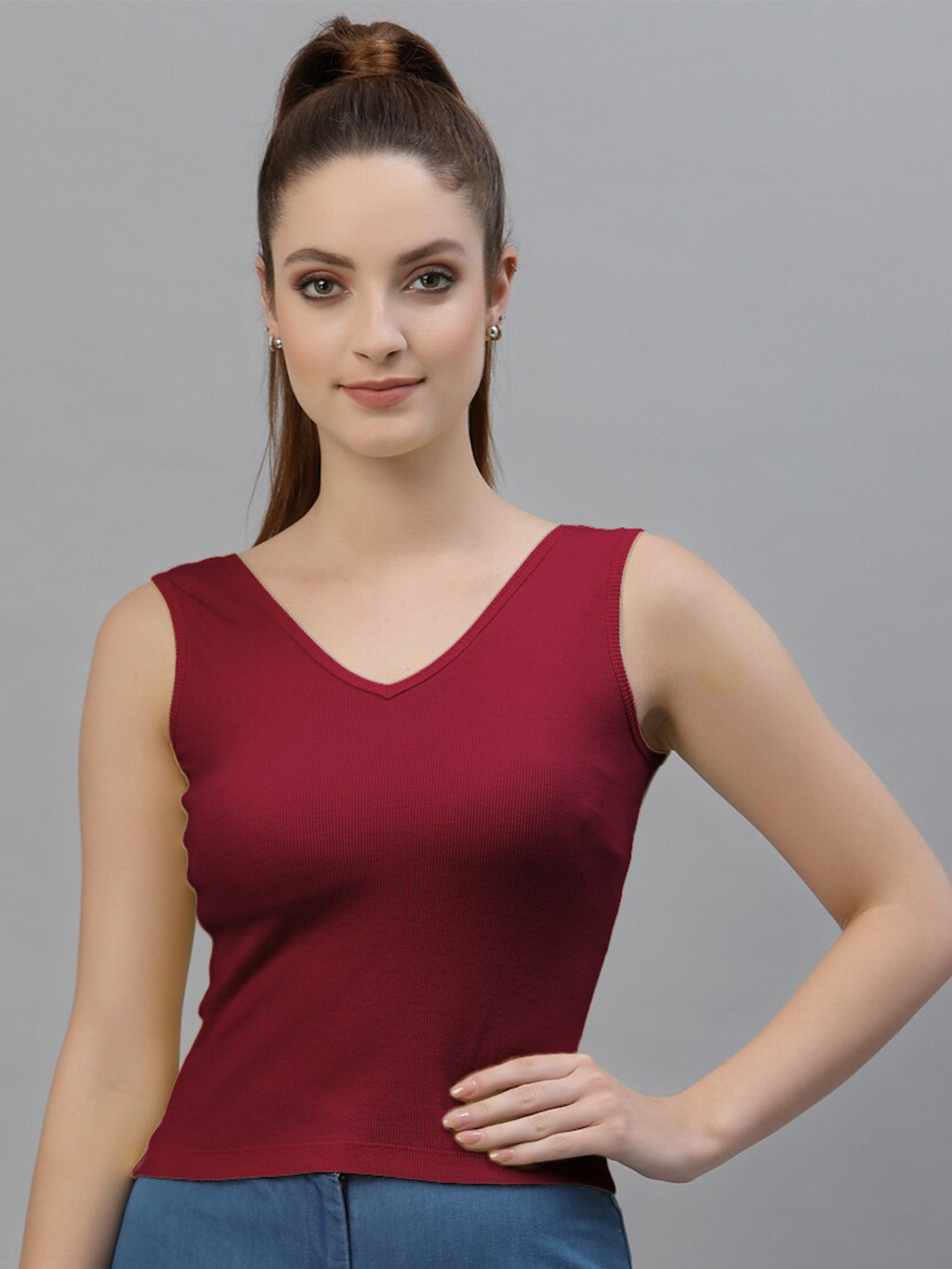 Friskers Maroon Fitted Rib Crop Top