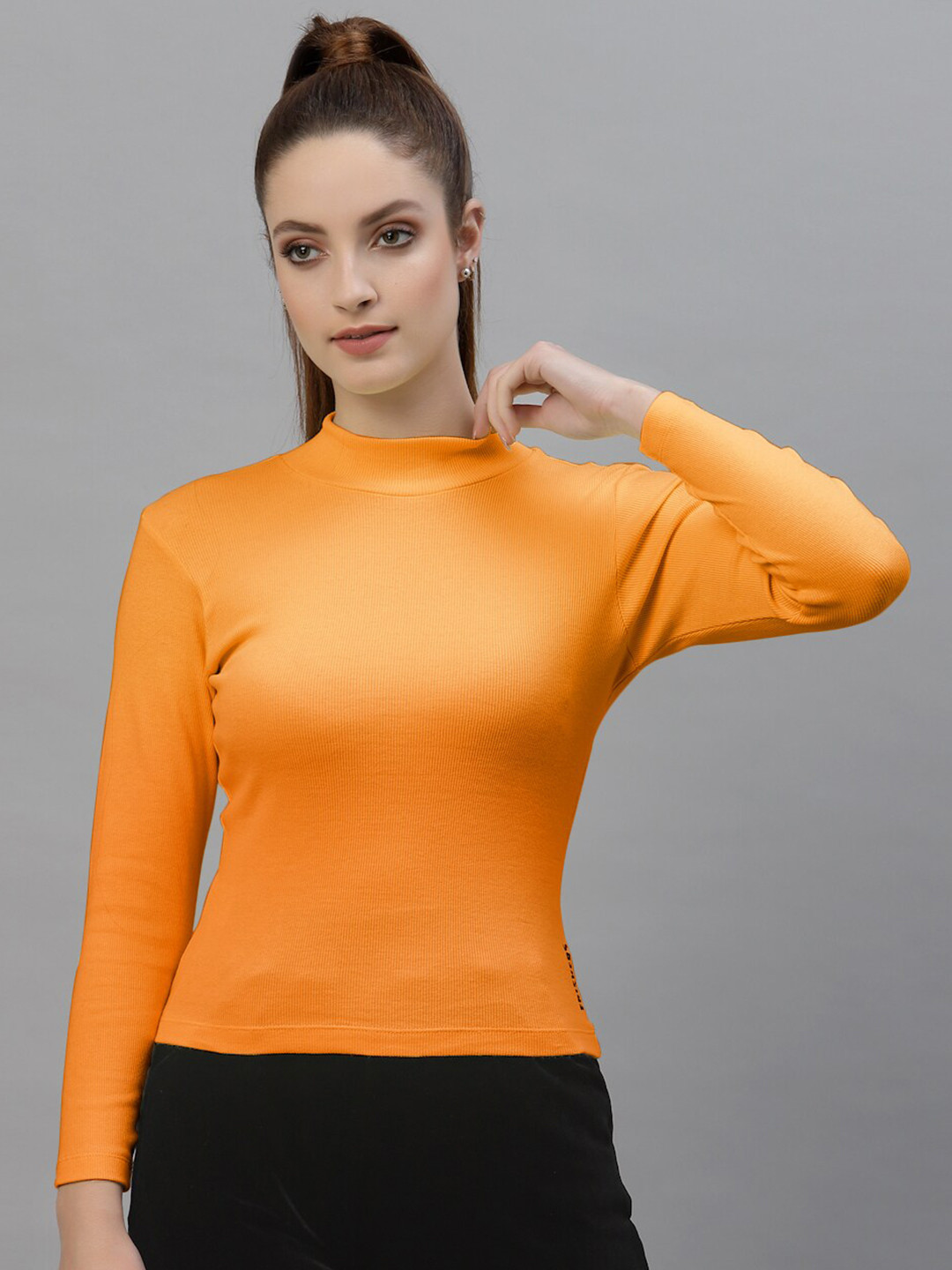 Friskers Orange High Neck Long Sleeve Casual Top