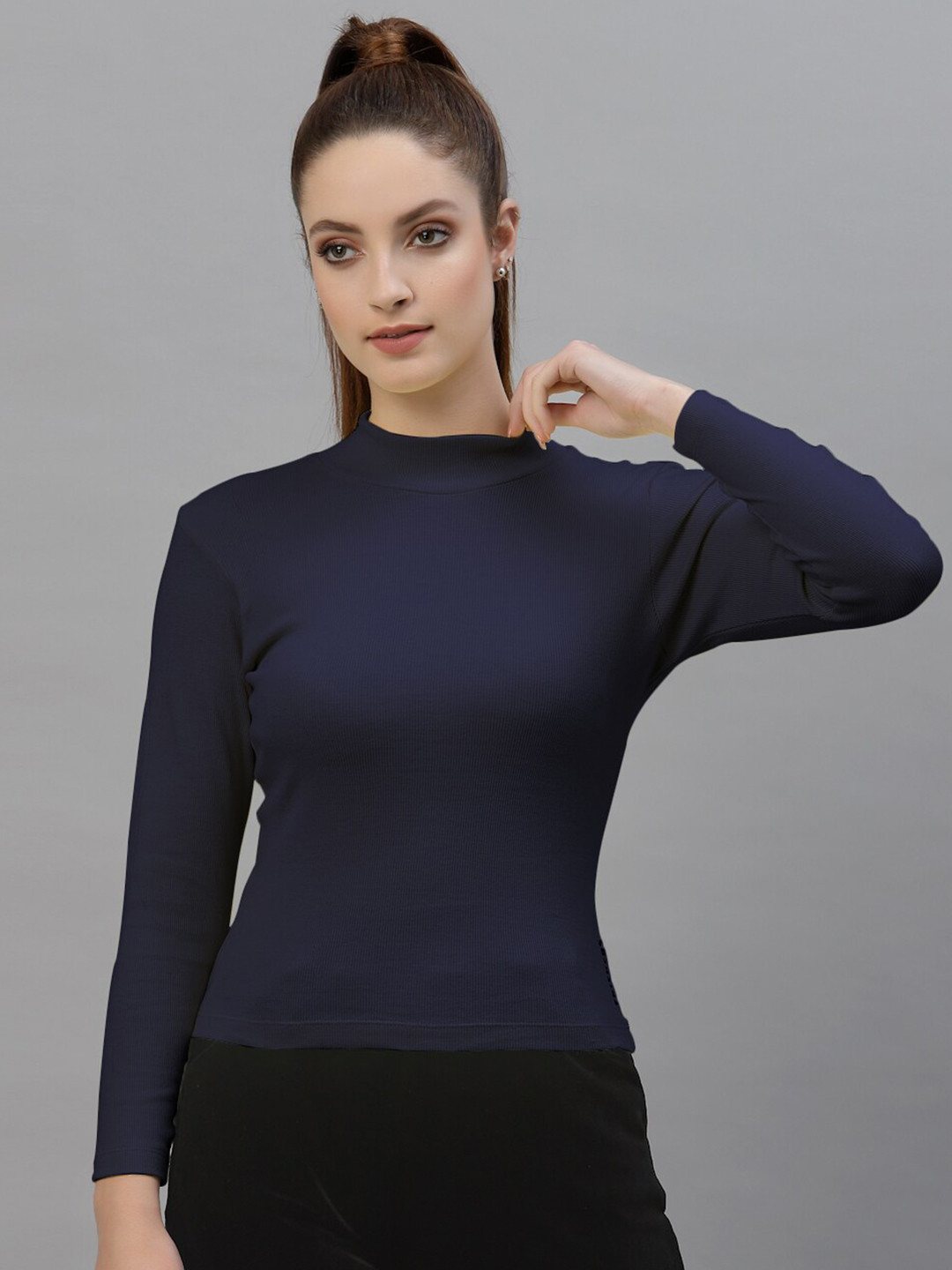 Friskers Women Navy Blue High Neck Long Sleeve Casual  Top