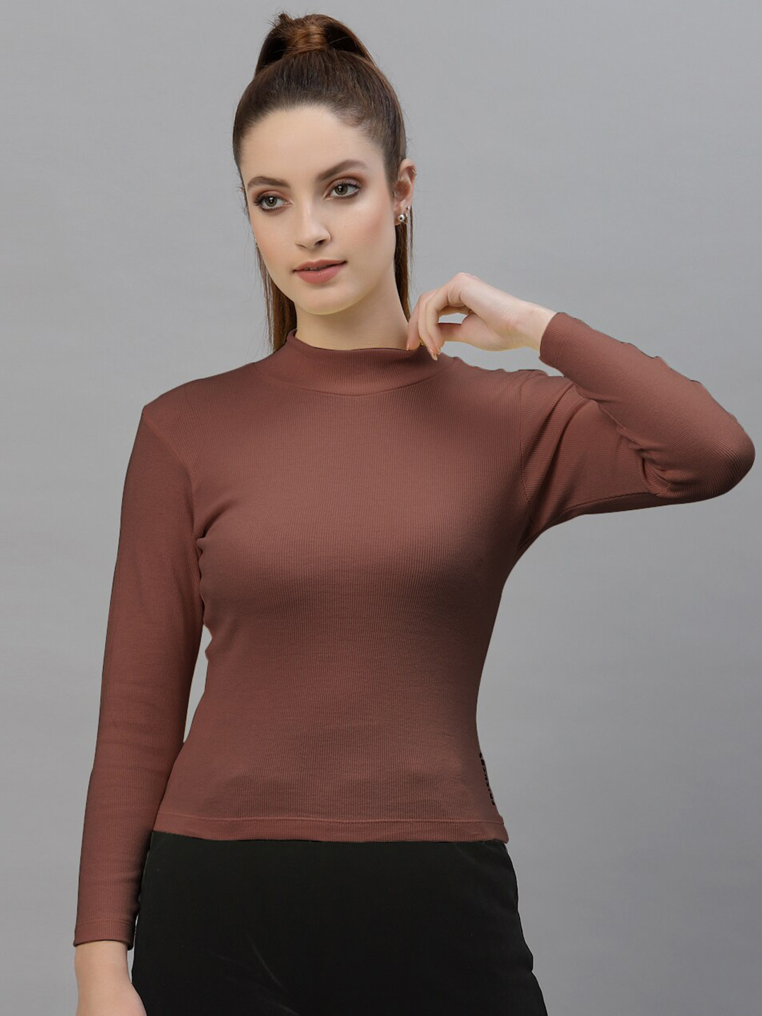 Friskers Brown High Neck Long Sleeve Casual  Top