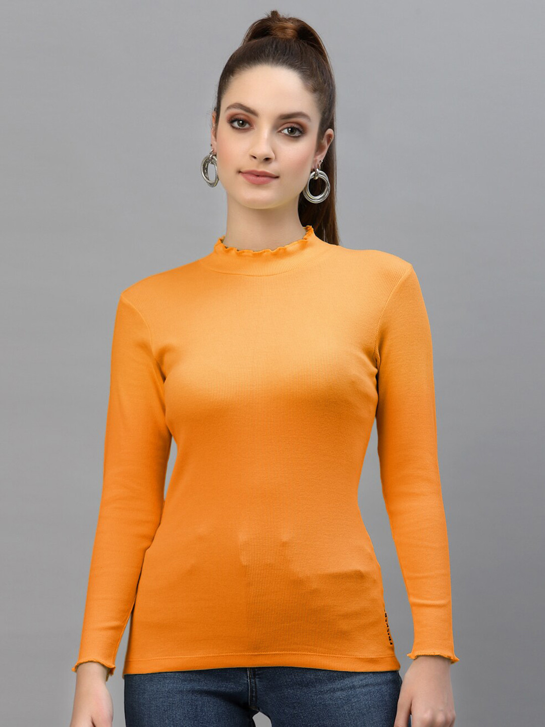 Friskers Orange High Neck Long Sleeve Casual Top