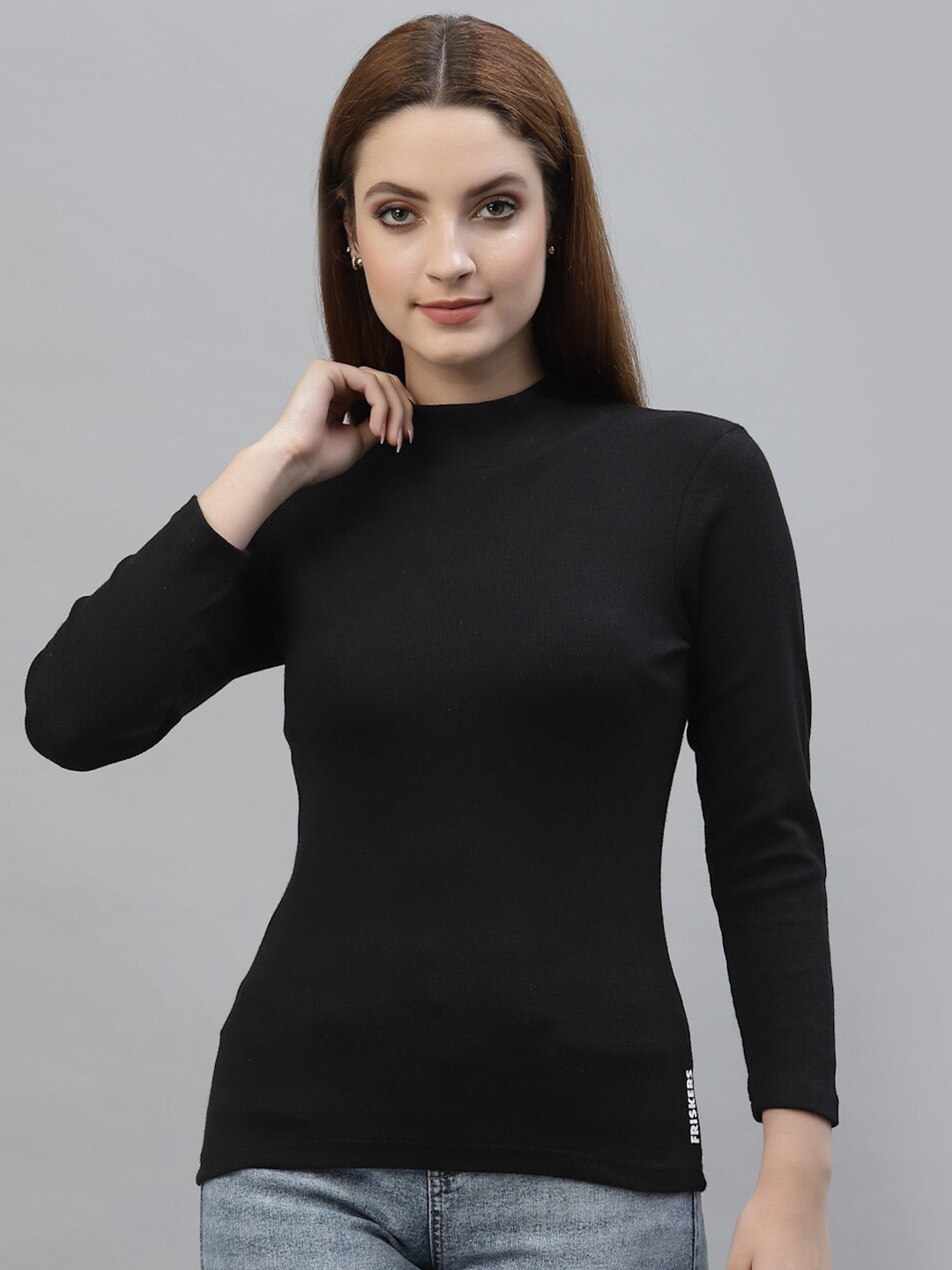 Friskers Black High Neck Long Sleeve  Casual Top