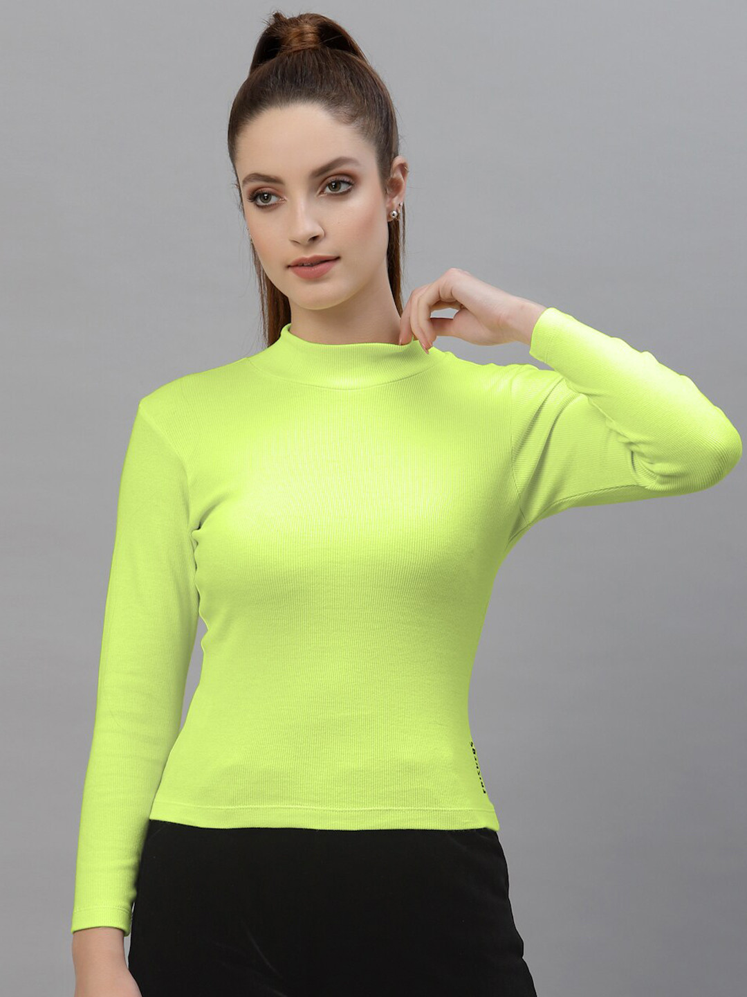 Friskers Lime Green High Neck Long Sleeve Casual Top