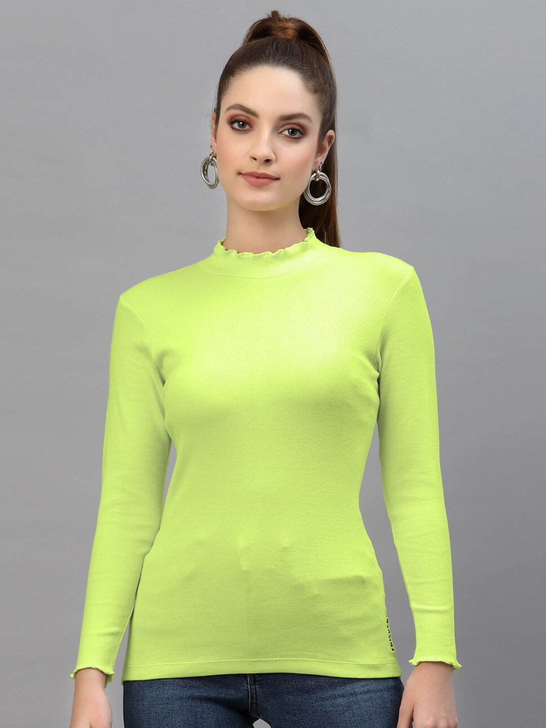 Friskers Lime Green High Neck Long Sleeve Casual Top