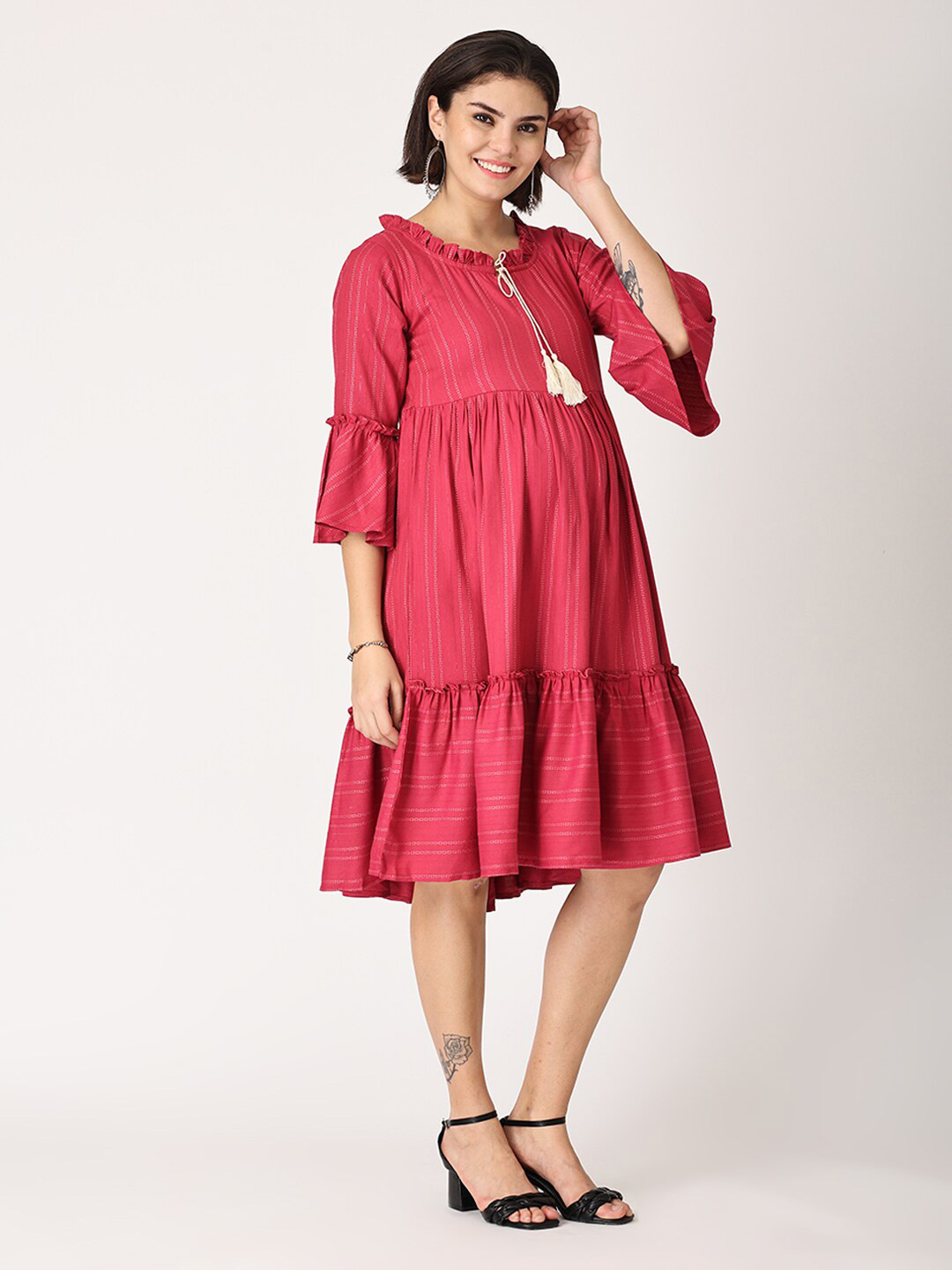 The Mom Store Red Striped Tie-Up Neck Maternity Maternity A-Line Dress