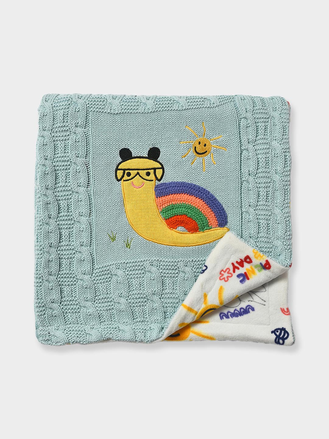 MiArcus Premium Knitted Emroidered Ultra-Soft Sherpa Blanket, 90x70 cm - Blue