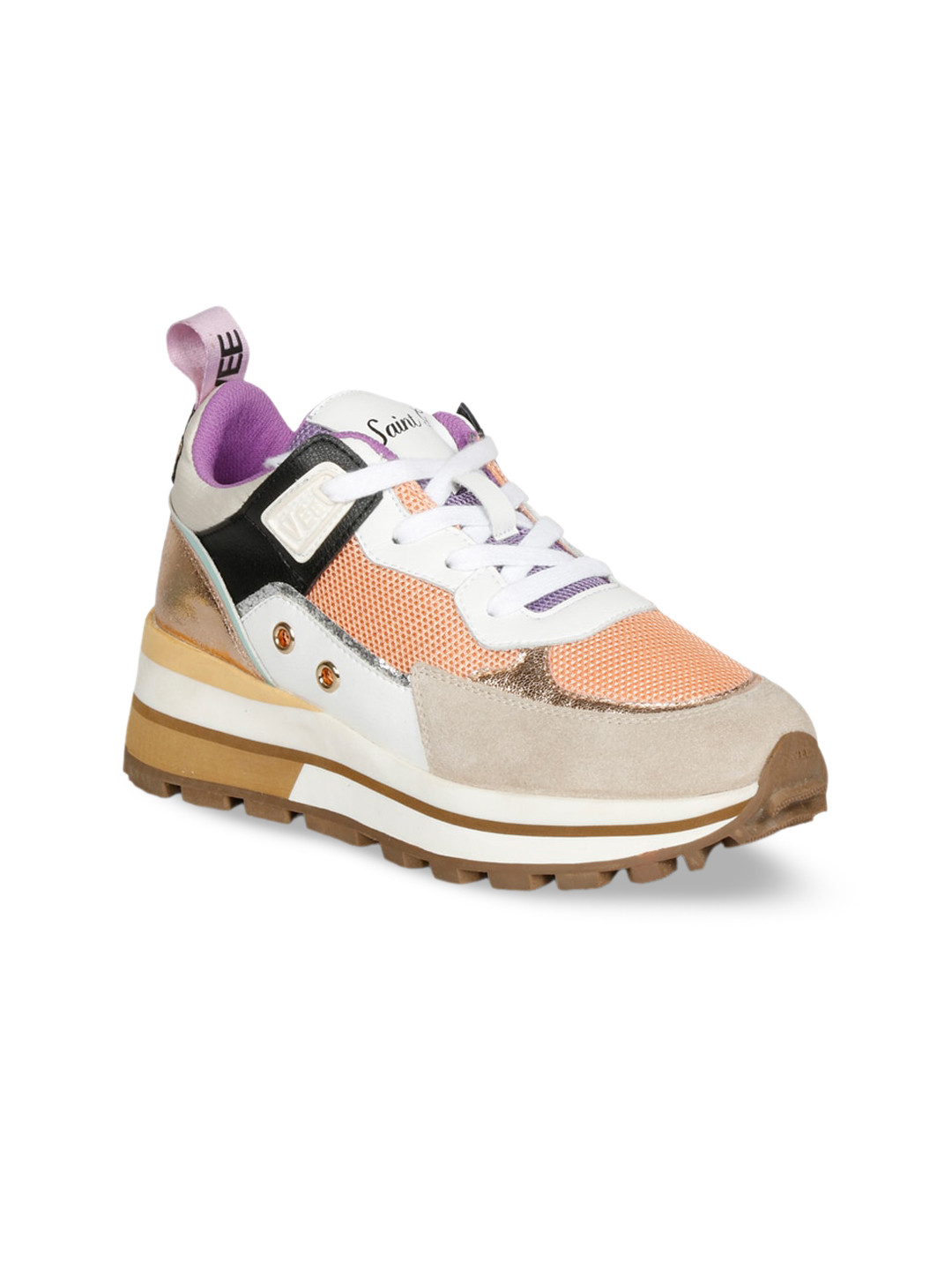 Saint G Women Peach-Coloured Colourblocked Leather Sneakers