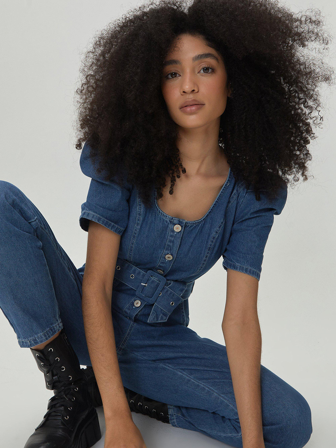 NASTY GAL Denim Puff Sleeve Jumpsuit